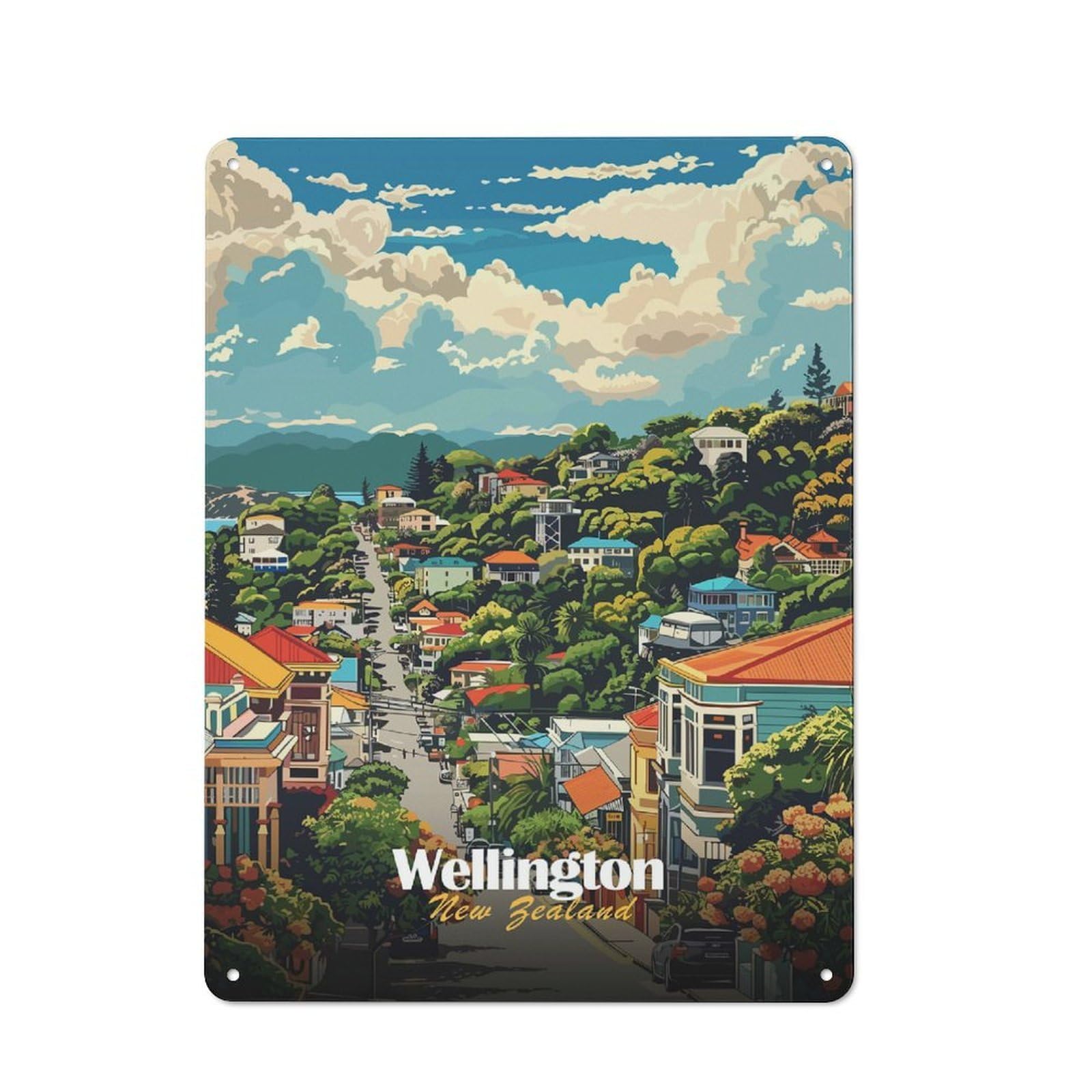 Junmoney Wellington, New Zealand Cityscape For Café Or Home Bar, Vintage Metal Wall Sign 40X30cm, A Christmas Gift For People Styling Café And Home Bar