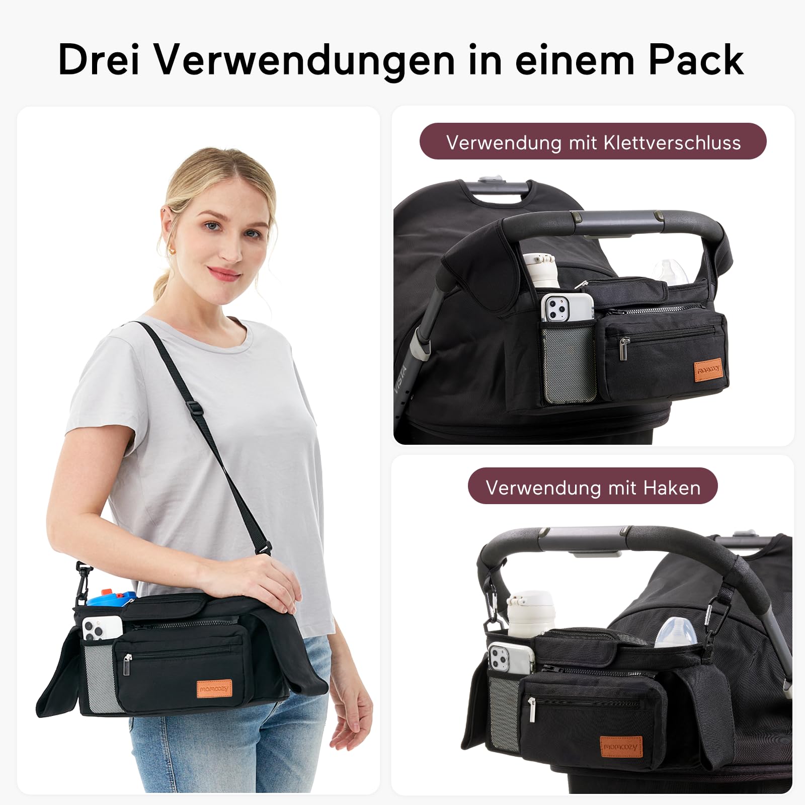 Kinderwagen Organizer Universal mit Isolierten Getränkehalter/Becherhalter, Momcozy Buggy Kinderwagentasche Baby Zubehör mit Reißverschlusstasche, Schultergurt und Stauraum für Windeln&Handys, Schwarz