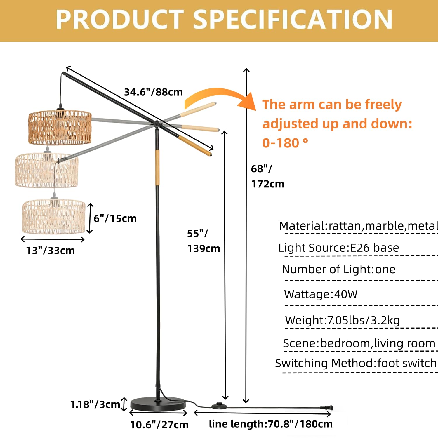 CCXXYGWJ Lampada da ad Arco - Paralume Intrecciato a Mano con Piede - Illuminazione Elegante per l'angolo della Camera da Letto e l'angolo Lettura