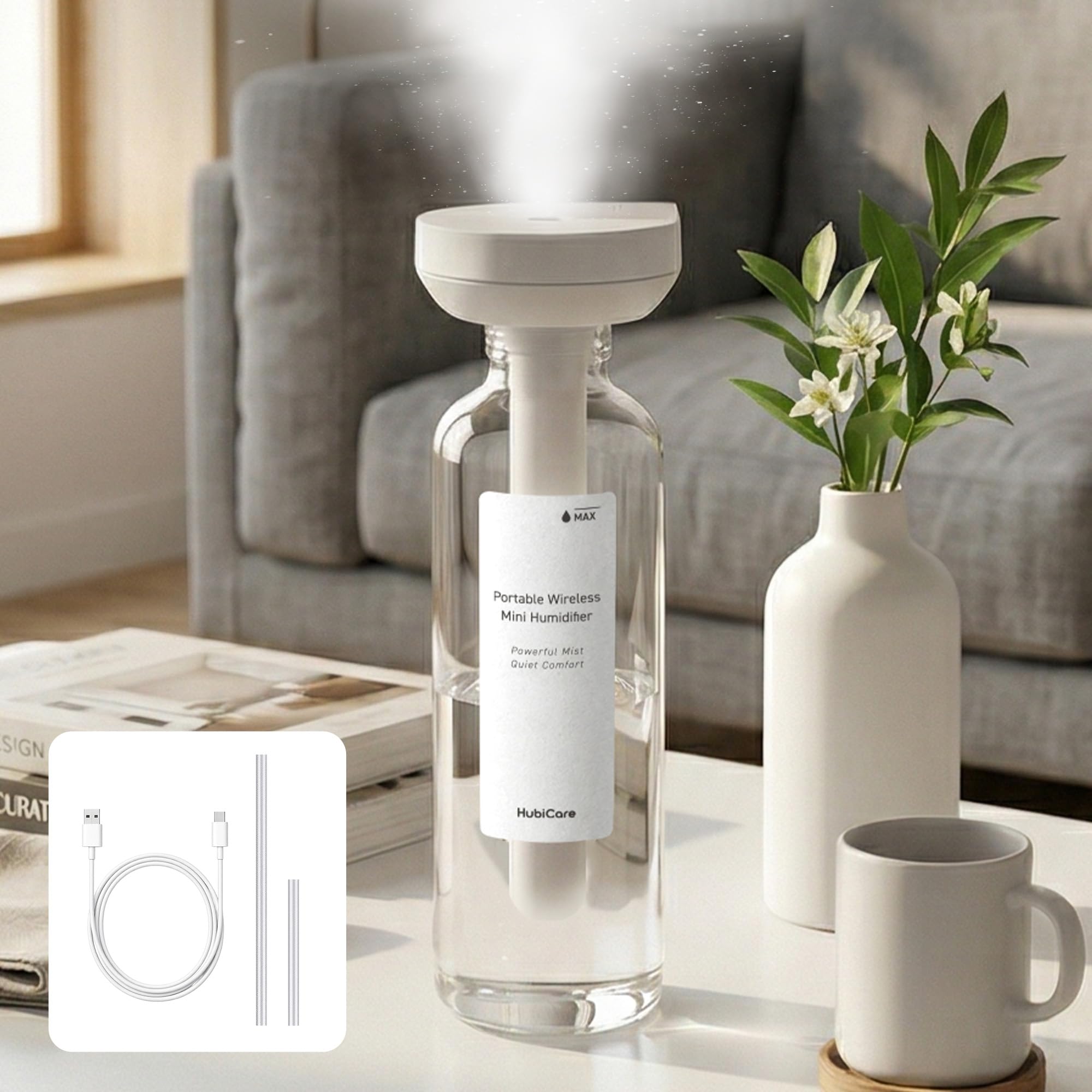 Photo 1 of HubiCare Mini Humidifier, Portable Wireless Table Humidifier, USB-C Rechargeable Personal Mist Maker with Adjustable Length, Quiet 28dB, Leak-Resistant Design for Car, Bedroom, Office