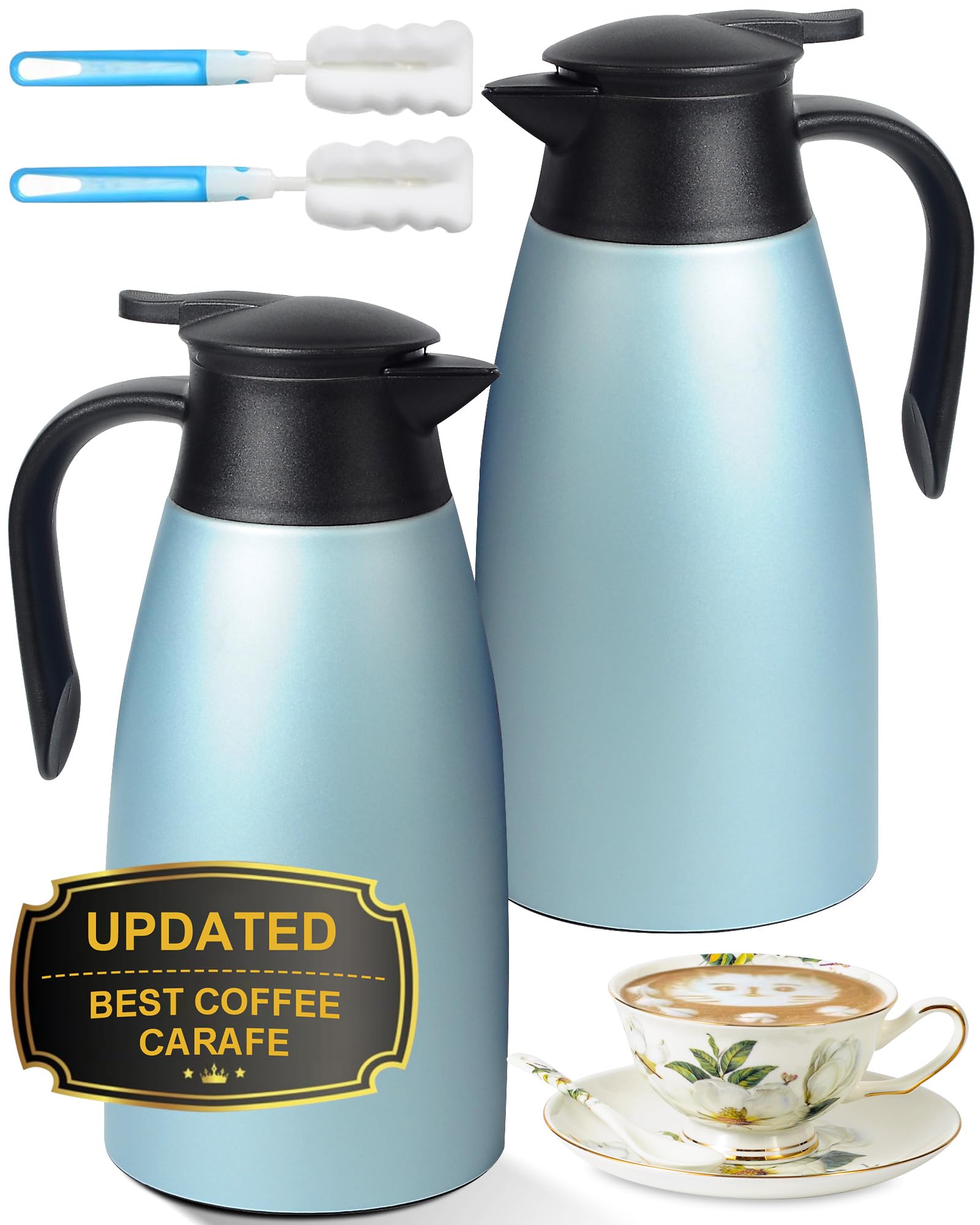 70 OZ Updated Thermal Coffee Carafe for keeping hot, 2 PCS Carafes for hot liquid, Insulated Coffee Carafe Stainless Steel Vacuum Thermal Pot for Coffee, Hot Water,Keep Hot 12 Hours (Blue+Blue)