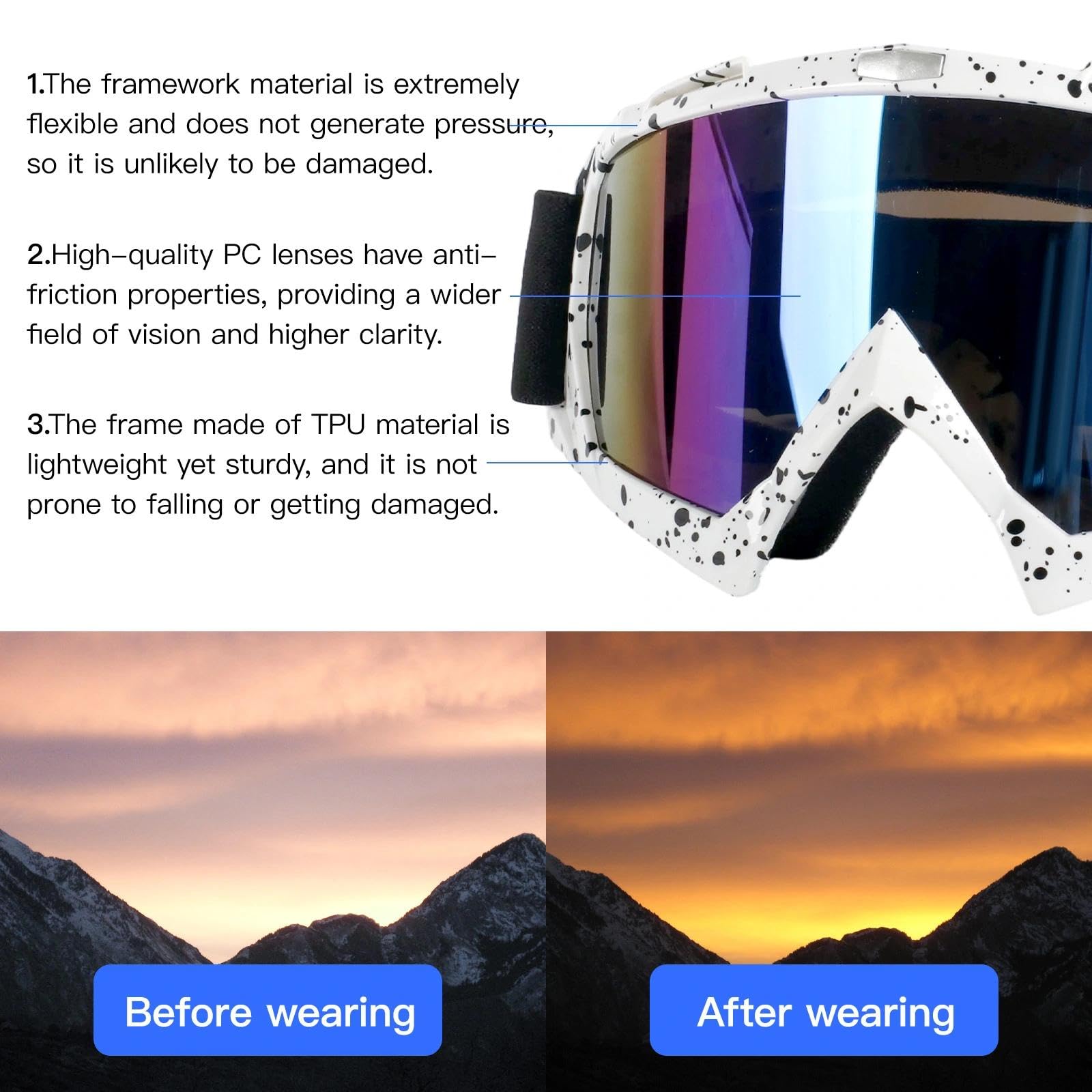 Occhiali Motocross,OTG Maschere Snowboard,Mascherina Casco Motocross - Antivento, Antiappannamento, protezione UV,Imbottiti Schiuma - Unisex per Moto, MTB, ATV, Casco Compatibile.（Bianco）