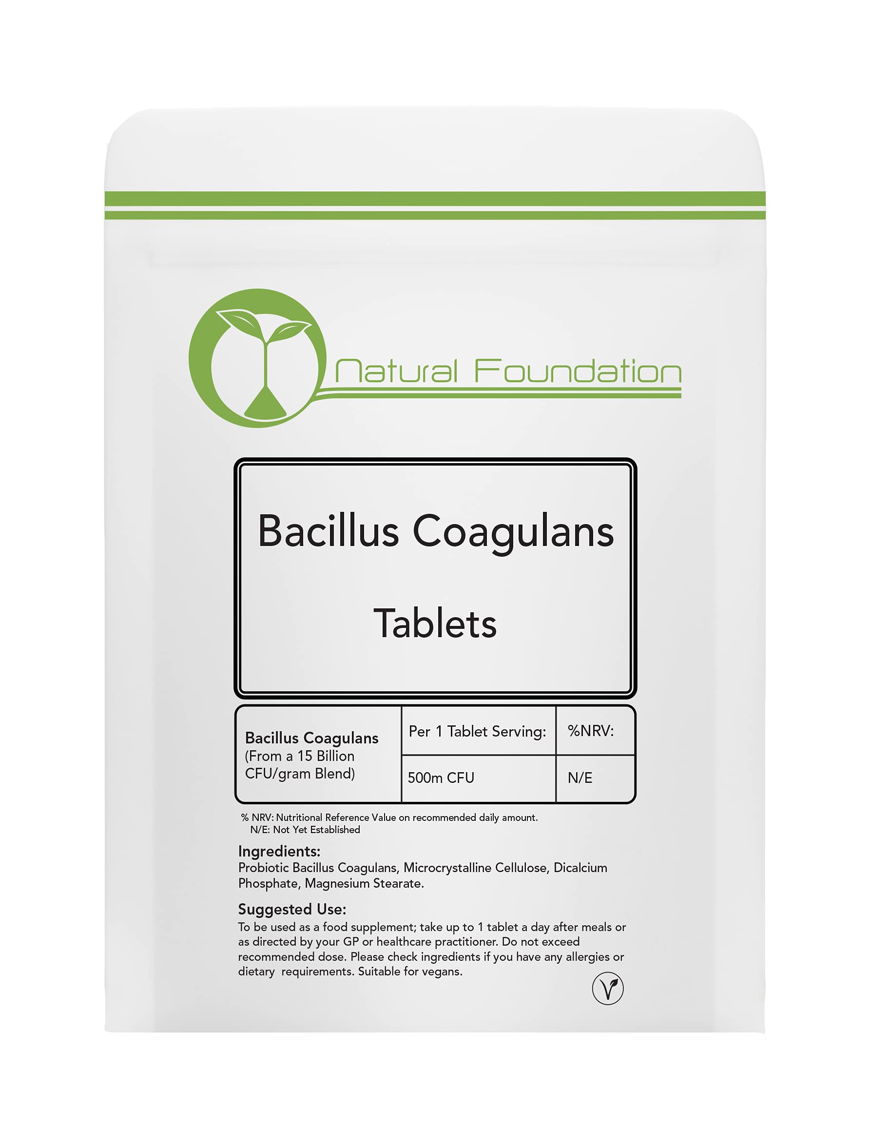 Bacillus Coagulans 500m CFU Tablets - Daily Probiotic, Friendly Bacteria, UK | Natural Foundation Supplements (120 Tablets)