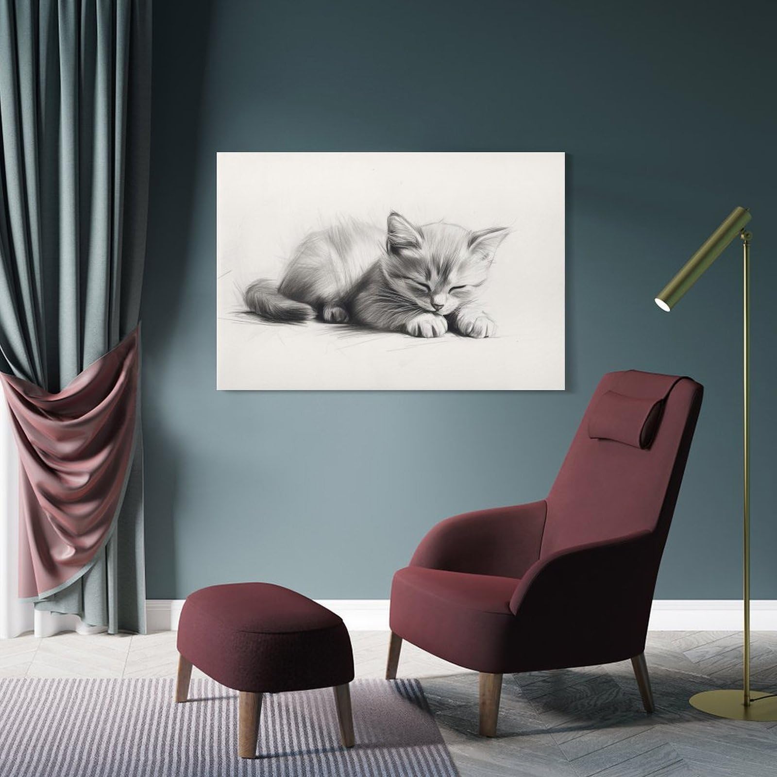 Junmoney Sleeping Kitten Drawing Home Decor Wall Art, 24x36inch(60x90cm), for Bedroom, Lounge Or Dressing Area, Canvas Wall Decor for Personal Spaces