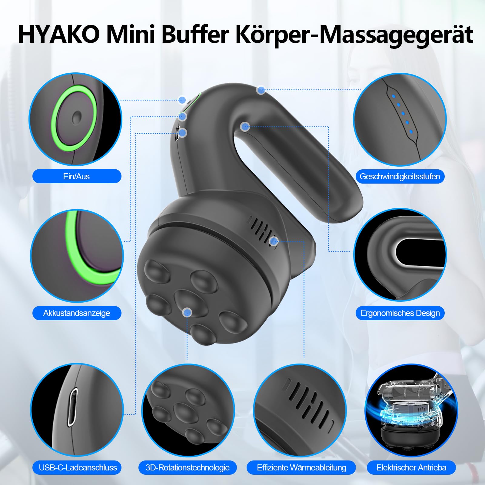 HYAKO Mini Tiefengewebe Orbital Massagegerät 3 Kugelkopf & Tasche und Leise | Durchblutungsförderung, Nacken & Schultermassage, Ergonomie, Stressabbau, Ermüdung reduzieren, Schlaf fördern