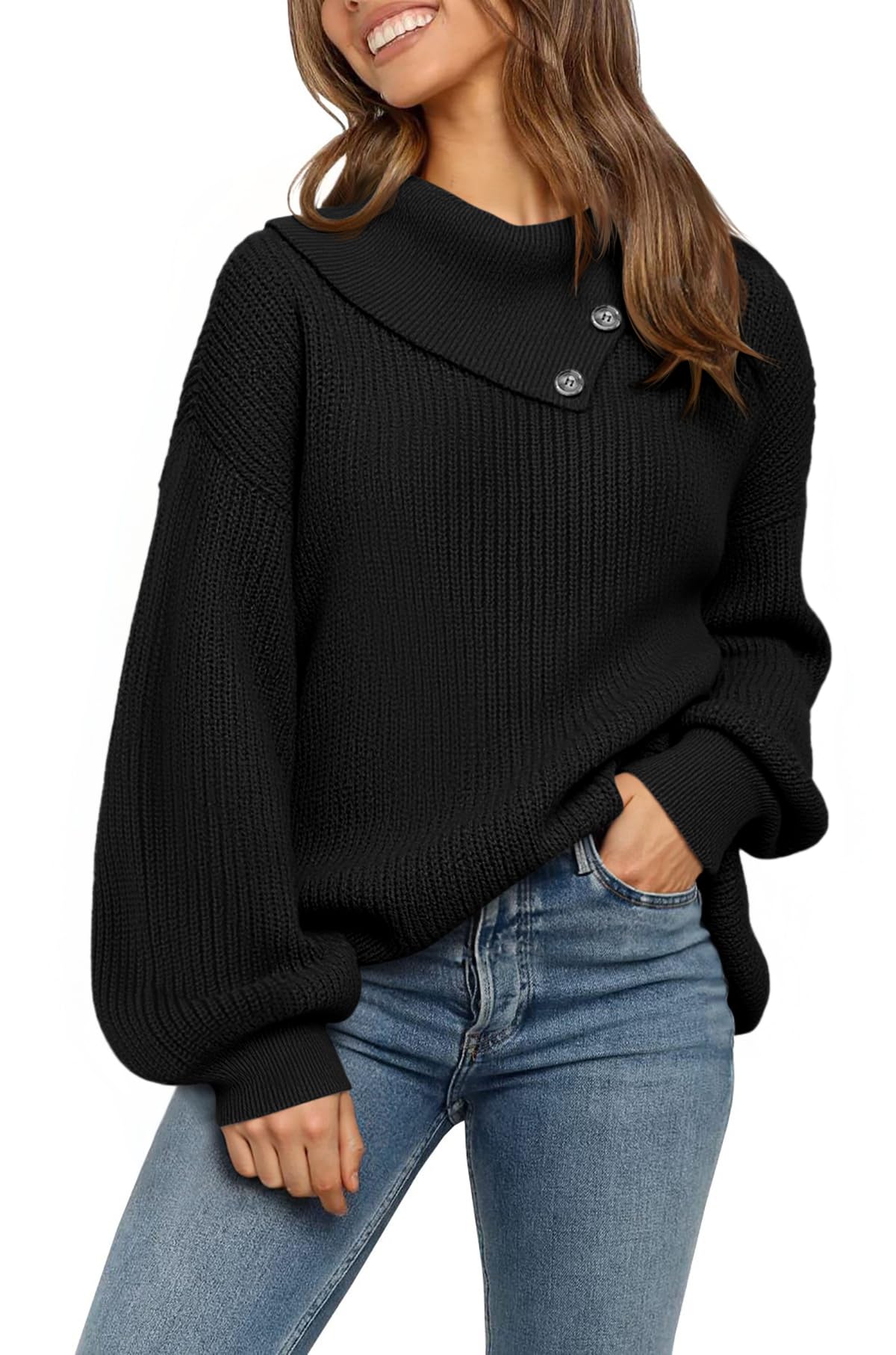 Fisoew Damen Pullover Oversized Rollkragen Strickpullover mit Knöpf Lose Fledermausärmel Pulli Casual Winter Sweater