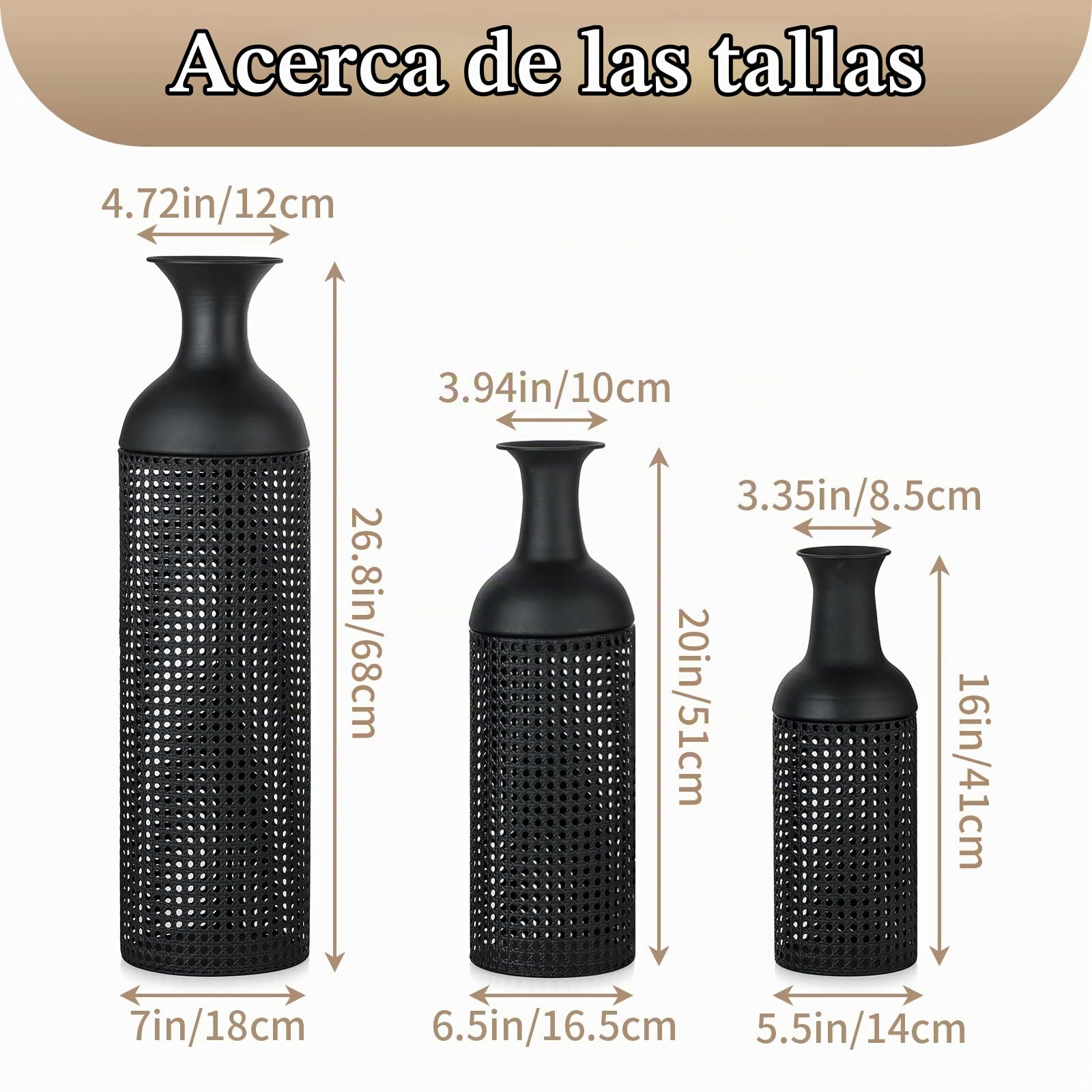 Sziqiqi Jarron de Suelo Altos Negro: Jarrón Grande para Suelo para Salón 68/51/41cm - Set de 3 Metal Florero Alto para Suelo - Jarrones Modernos con Textura de Panal para Dormitorio Cocina | Tapas gruesas, estables, extraíbles, 68/51/41 cm, modernas, para