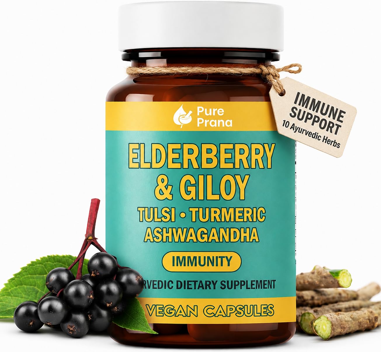 Pure Prana Immune Support Supplement – Elderberry & Giloy 10-Herb Blend