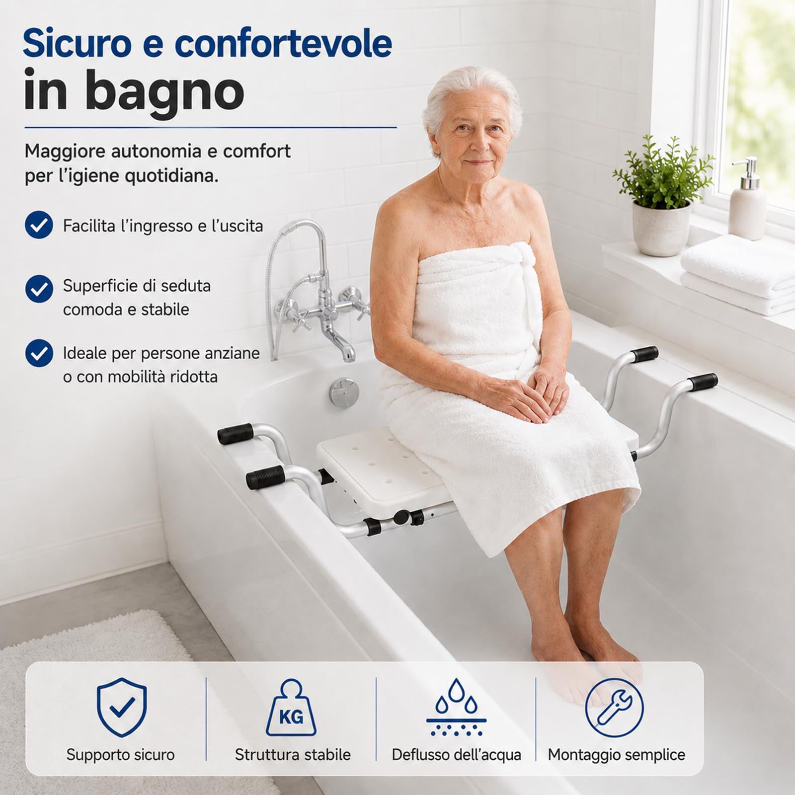 Sgabello da Doccia 3 in 1,OJTOJT Sedile per Vasca da Bagno Allungabile Sedia per Vasca da Bagno 72-82cm Sedia da Doccia Portata 130 kg Sedile Sospeso in Alluminio Seduta Vasca per Anziani