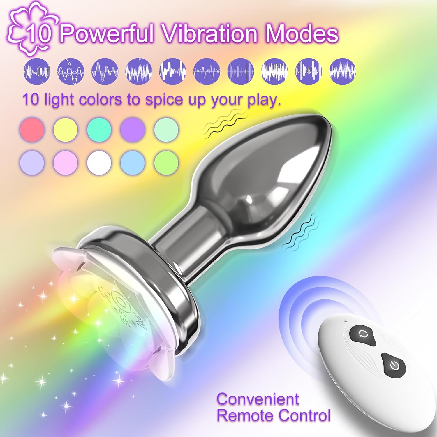 Anal Plug Adult Sex Toys for Women - Rose Vibrator Vibrating Butt Plug 10 Colorful Lights & 10 Powerful Vibration Modes & Remote Control, Metal Vaginal Anal Prostate Massager for Men Couple Pleasure