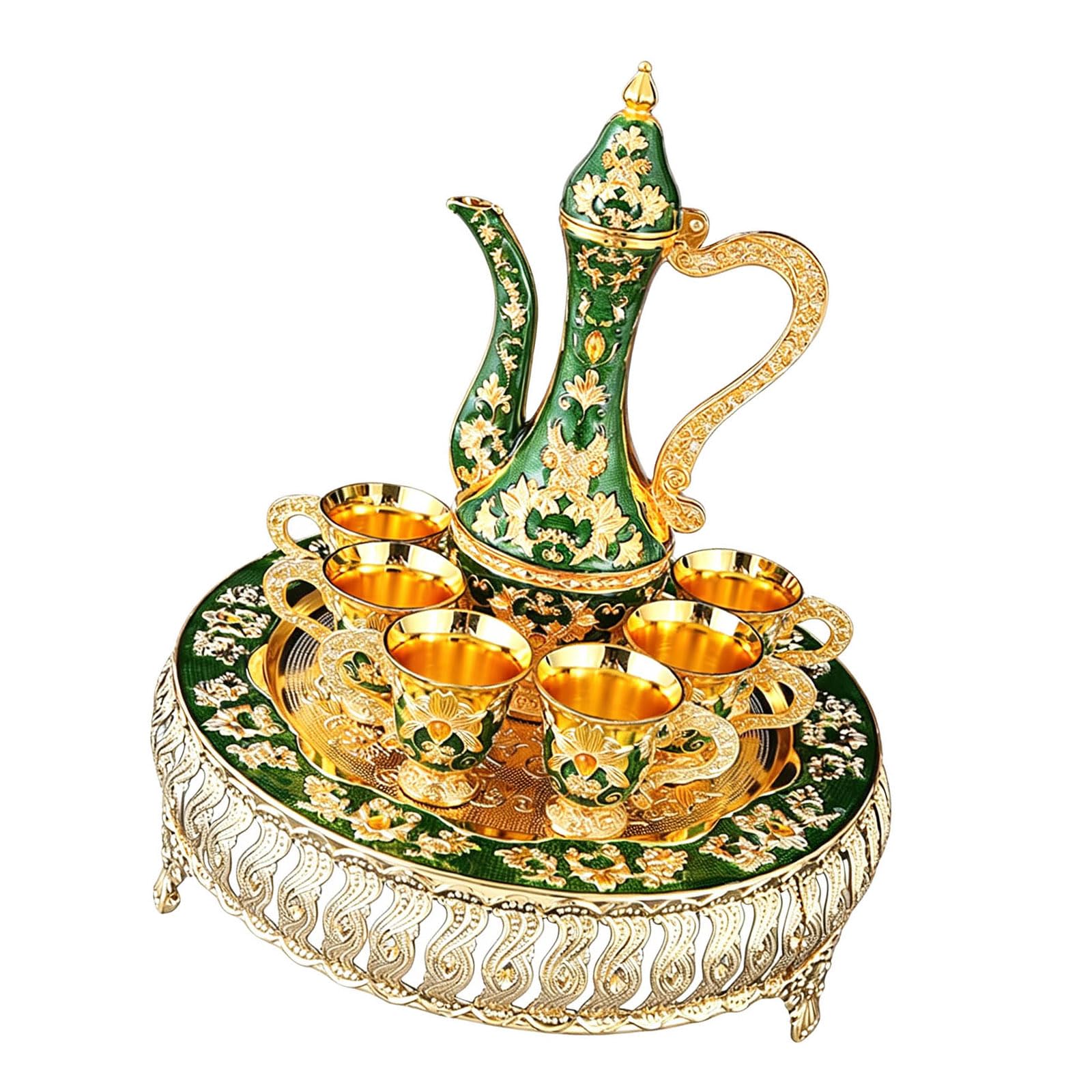 Qusinfc Embossing Wine Accessories Set Metal Pots with Embossing Florals Pattern and Matching Cups Elegant Barwares Metal Club Set
