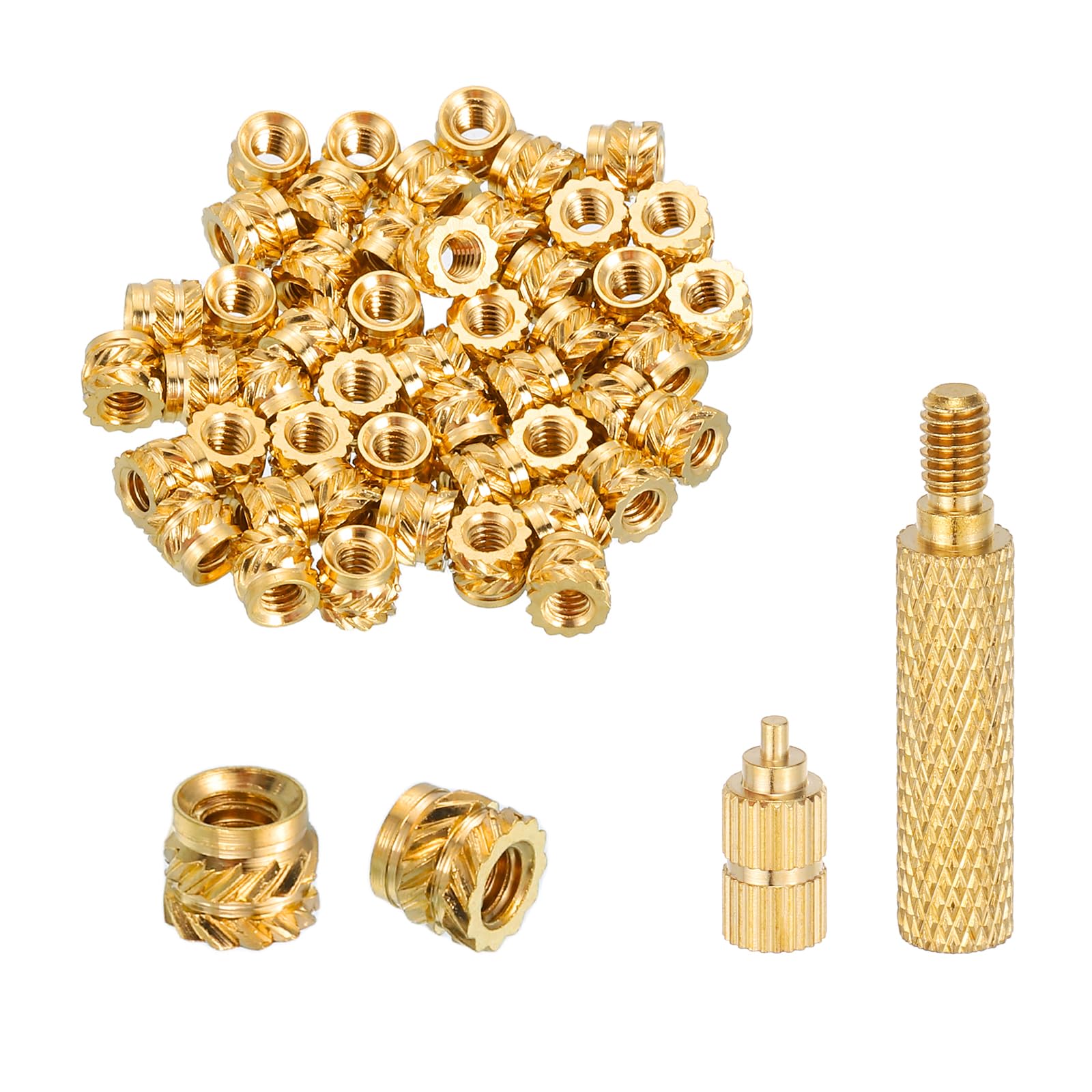 sourcing map 100 Pcs Threaded Inserts with Soldering Iron Tip Press Tool, M2 x 3mm H x 3mm OD Brass Metric Knurled Nuts Heat Set Inserts Embedment Nut for 3D Printing Plastic Parts