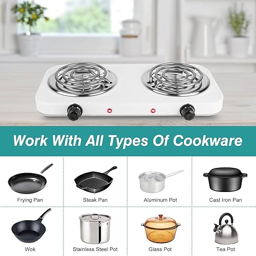Miniatura 3 de Placa de cocción eléctrica, estufa eléctrica portátil de 2000 W, quemadores de doble bobina con control dual y control de temperatura de 5 niveles,