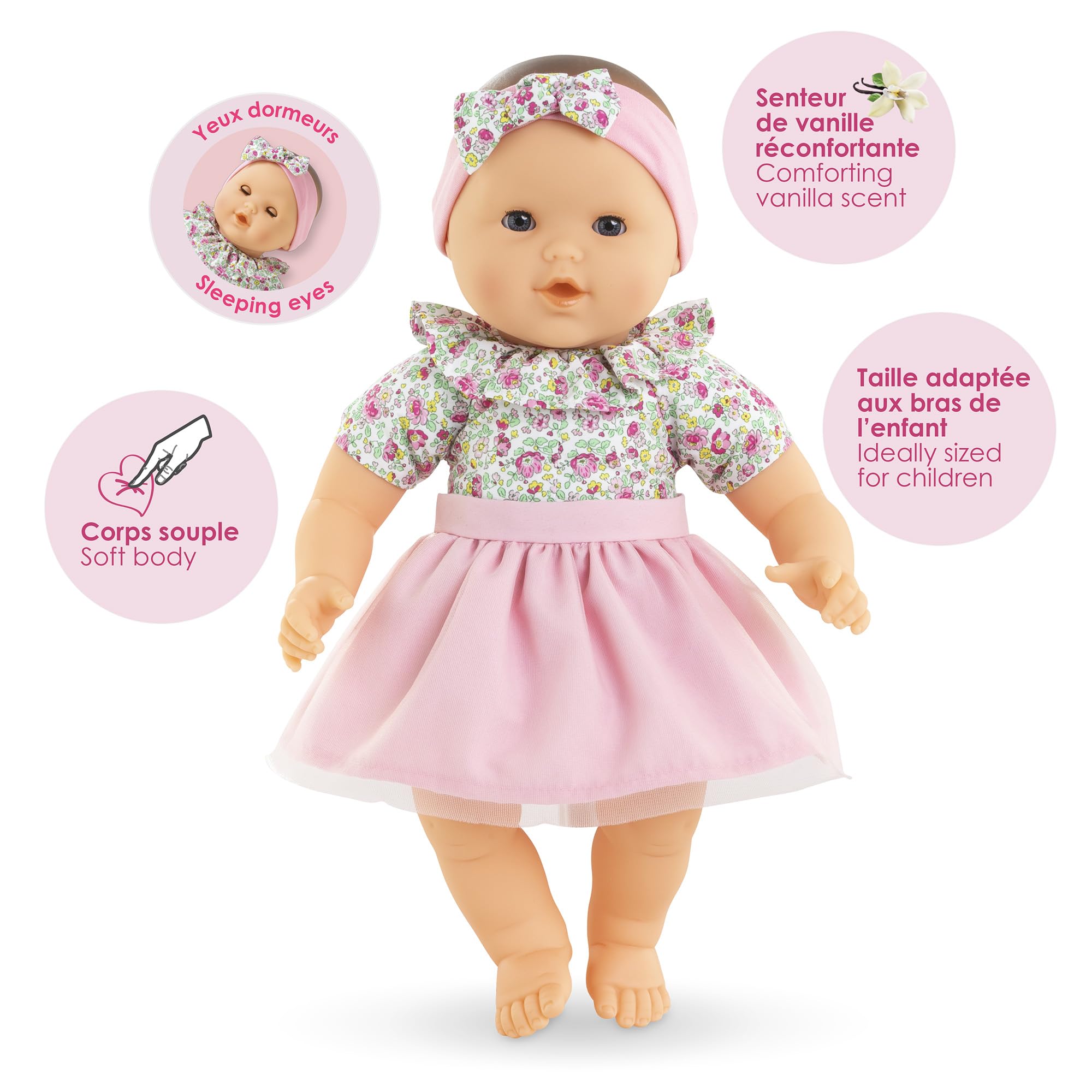 Corolle Mon Grand Poupon Süßes Großes Baby, Weichkörperpuppe mit Schlafaugen, Stirnband, Rock abnehmbar, Vanilleduft, 36cm, ab 2 Jahren, behält den Daumen im Mund