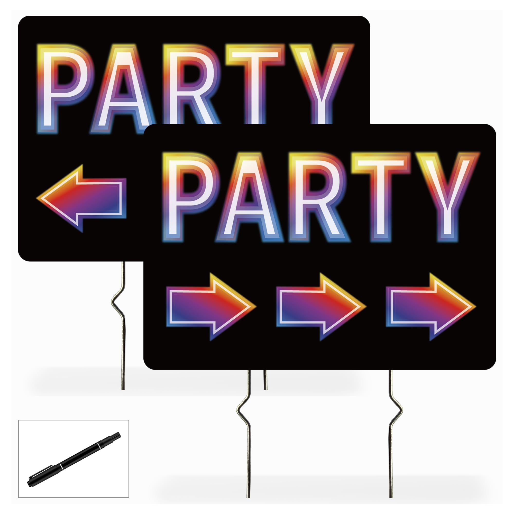 2 Pack Party Signs, Double-Sided Party Sign – 17x12 Inches Corrugated Plastic Yard Party Direction Sign with Stakes – This Way to Birthday Party with Arrow for Outdoor Celebrations (Black)