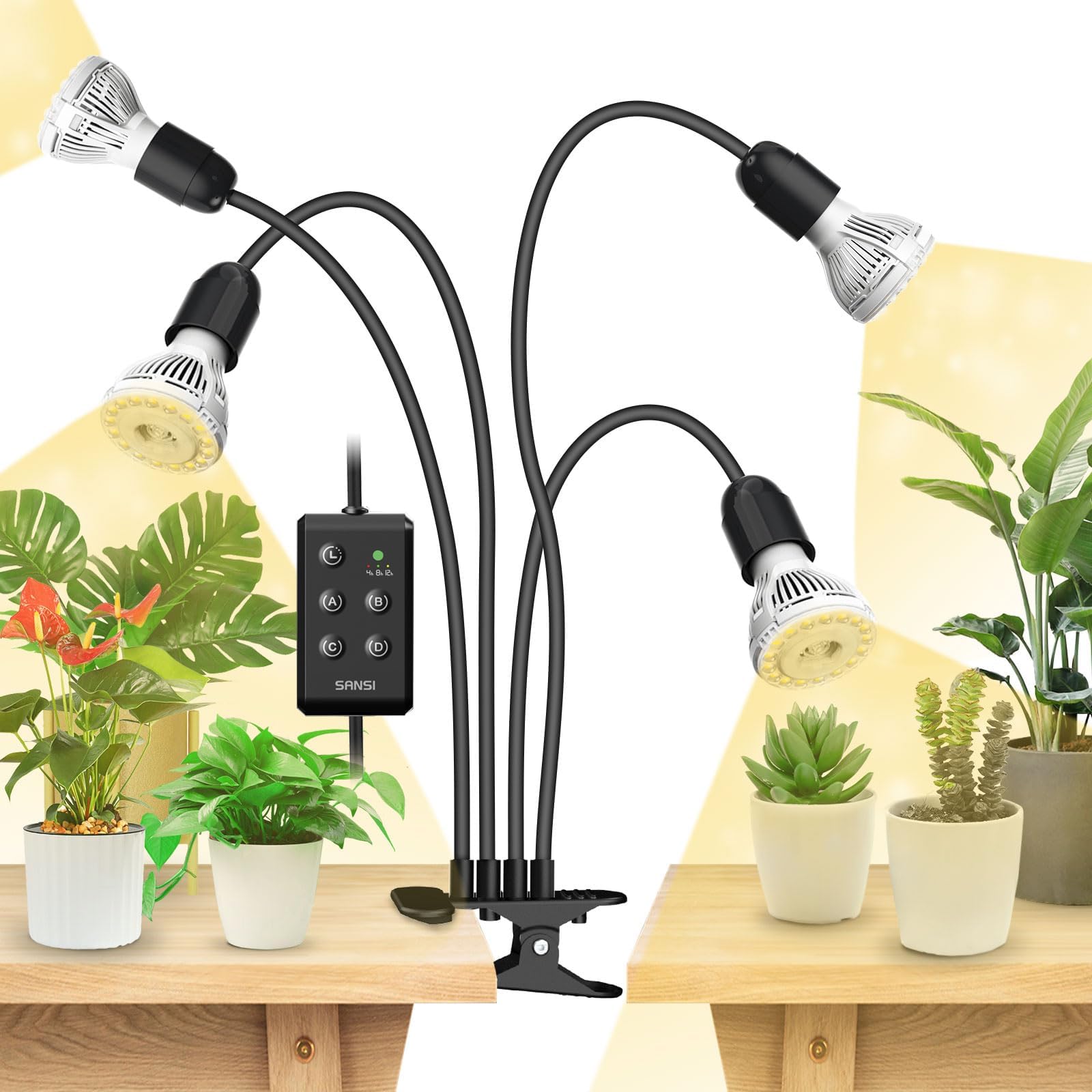 SANSI 600W LED Grow Lights, 4-Head Full Spectrum LED Plant Lamp with Clip, 4000K Sunlike, Timer 4/8/12 Hrs for Indoor Seedlings Germination (Lifetime Free Bulb Replacements) - Black