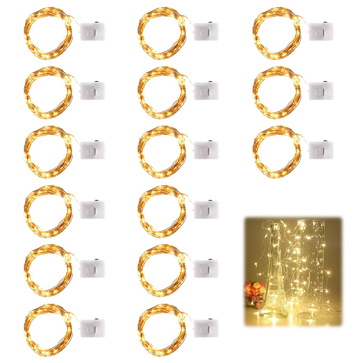 Dioxide Lichtsnoer op batterijen, 15 stuks, mini-ledsnoer, 2 m, 20 leds, waterdicht, kleine lichtketting voor bruiloft, Kerstmis, slaapkamer, tuin, geschenken, decoratie (warm wit