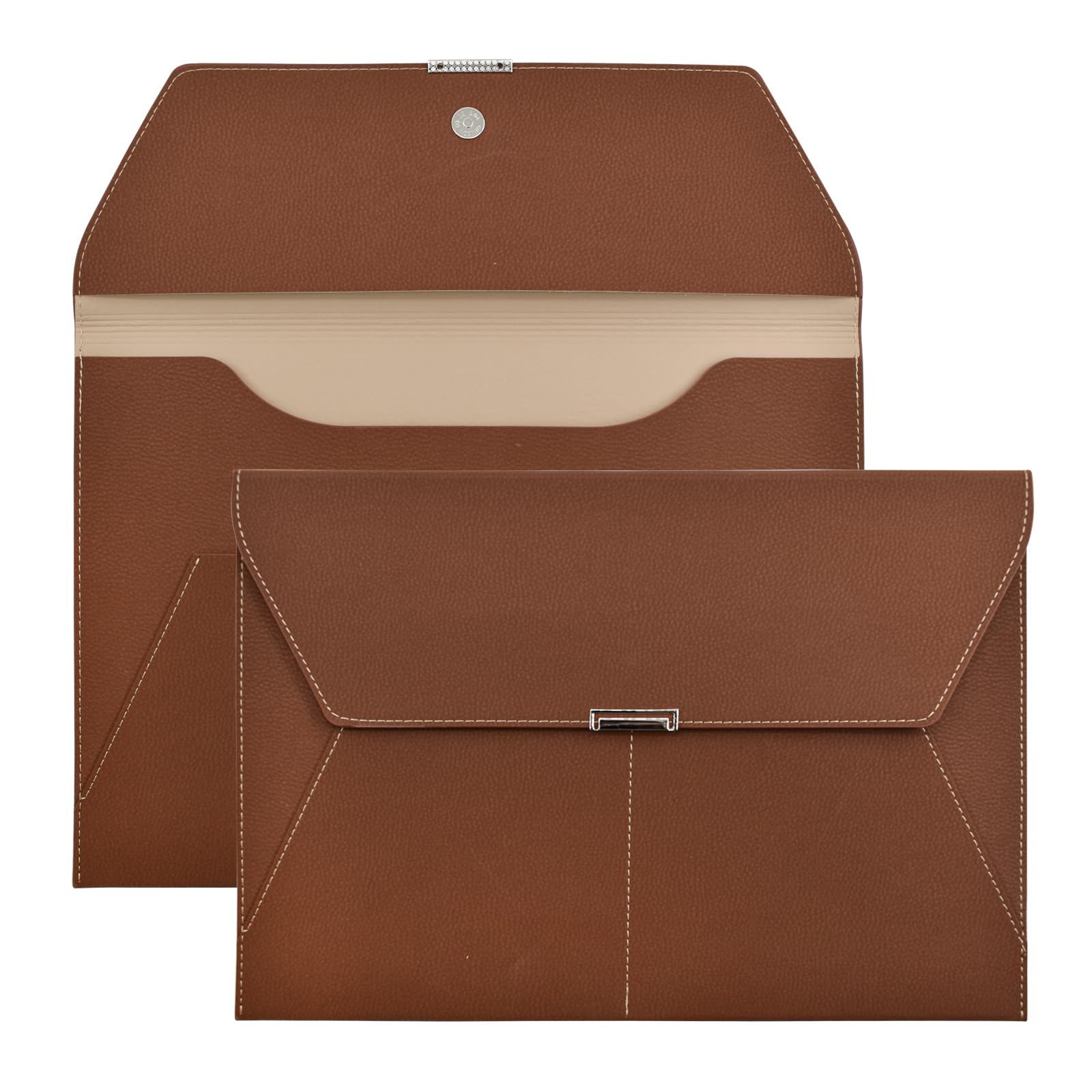 VANRA File Folder Document Holder Organizer Waterproof Portfolio Leather Folder Case with 3 Pockets, Filing Envelopes for A4 Letter Size Paper with Snap Magnetic Button Closure (Brown)