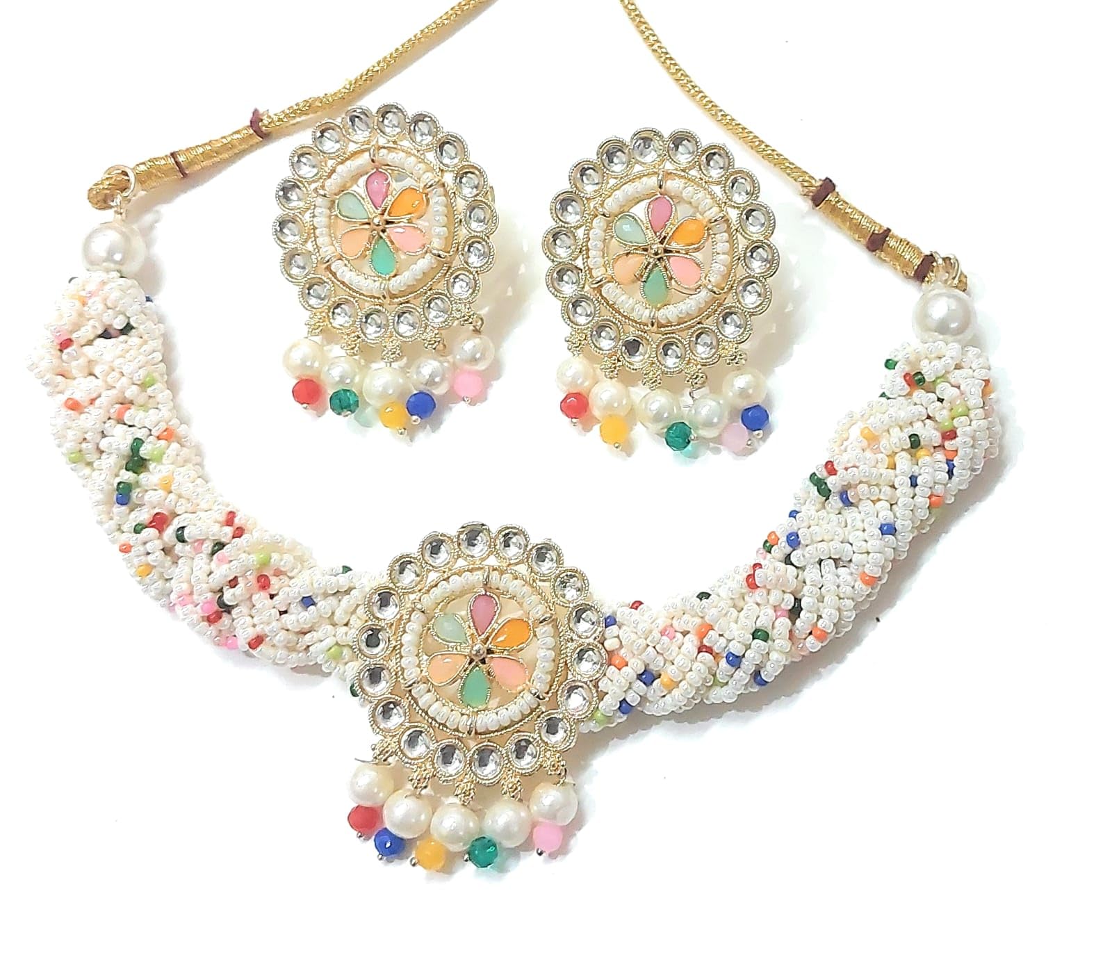 Womens Pearl Multilayer Beaded Choker Necklace Jewellery Set | Gold Tone Multistrand Beaded Kundan Choker Necklace & Earring Set For Women and Girls Pack of 1 (two) (B0CXJ1Y8ZL) Amazon Price History, Amazon Price Tracker