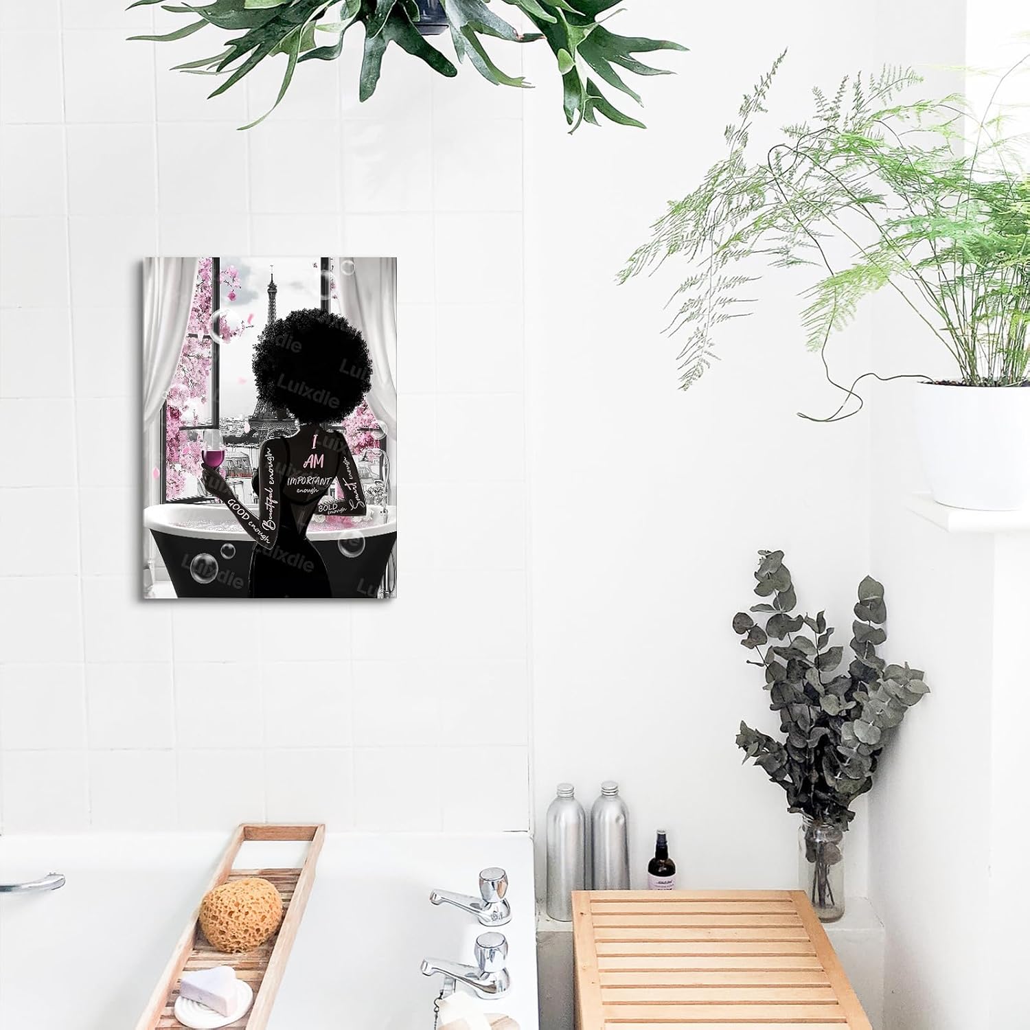 African American Bathroom Wall Art Black White Wall Art Black Girl Wall Decor Poster Prints Canvas Pink Bathroom Bedroom Living Room Decor Artwork 12"x16"