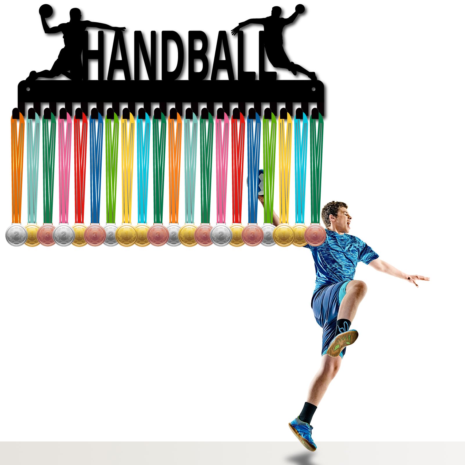 CREATCABIN Colgador Medallas Balonmano Soporte Medallas Deportivas Metal Negro 40x15cm