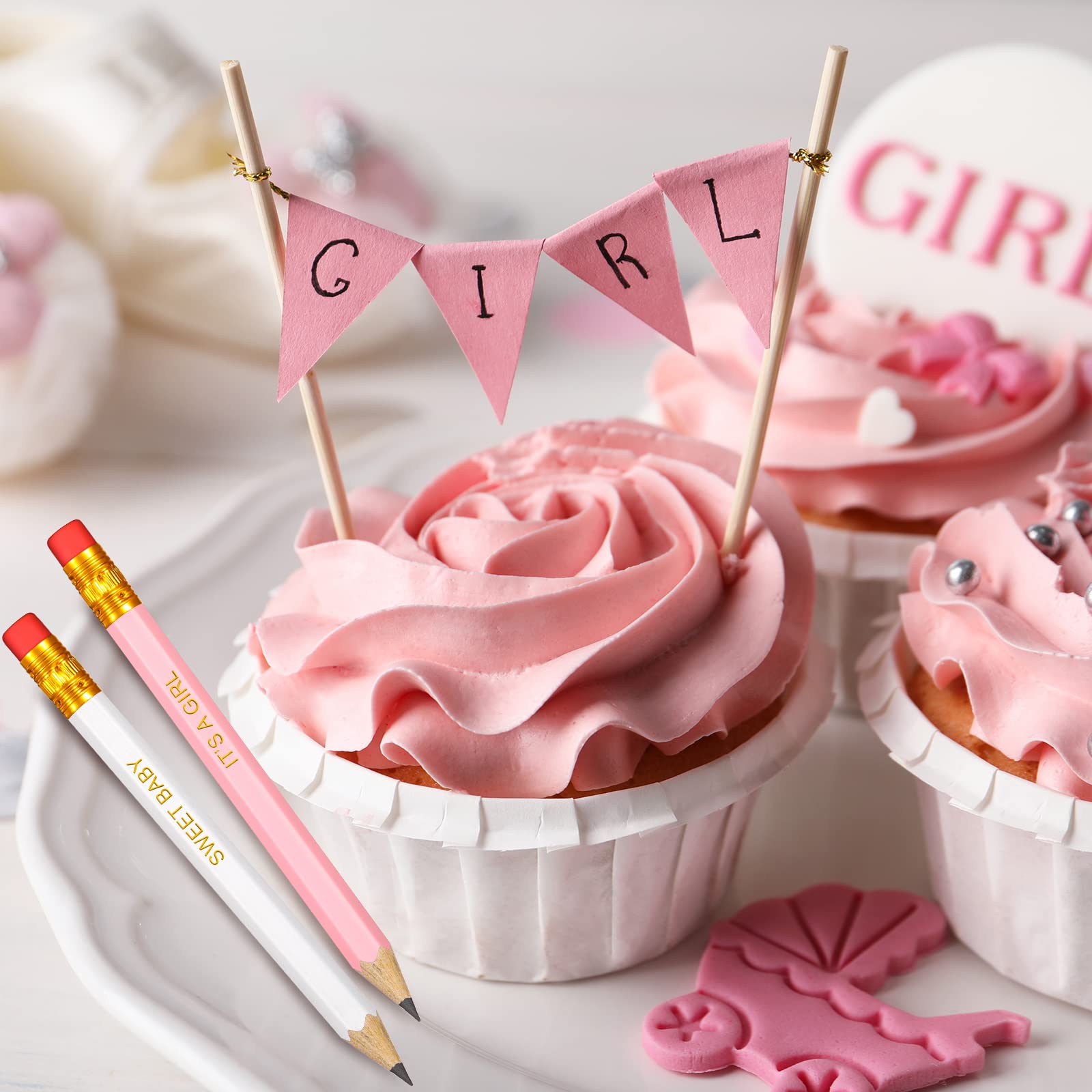 50 sztuk ołówków na baby shower, zaostrzone ołówki z gumkami, na baby shower, wstępnie naostrzone, drewniane ołówki, do szkolnych przyborów biurowych, 10 cm (różowe, białe, styl dziewczęcy)