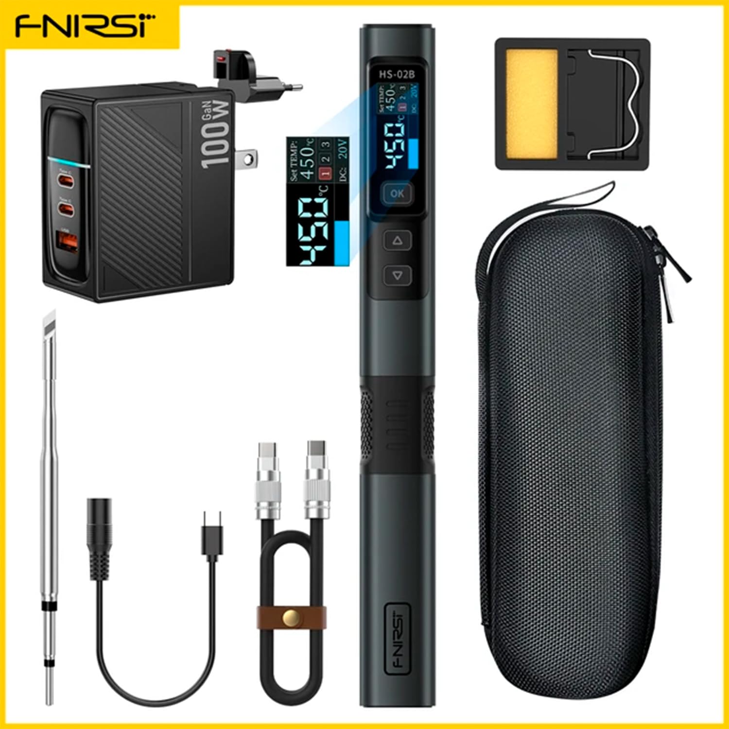 FNIRSI zestaw lutownica HS-02B podstawka kabel DC ładowarka 100W przewód USB typu C 1.2m 250W