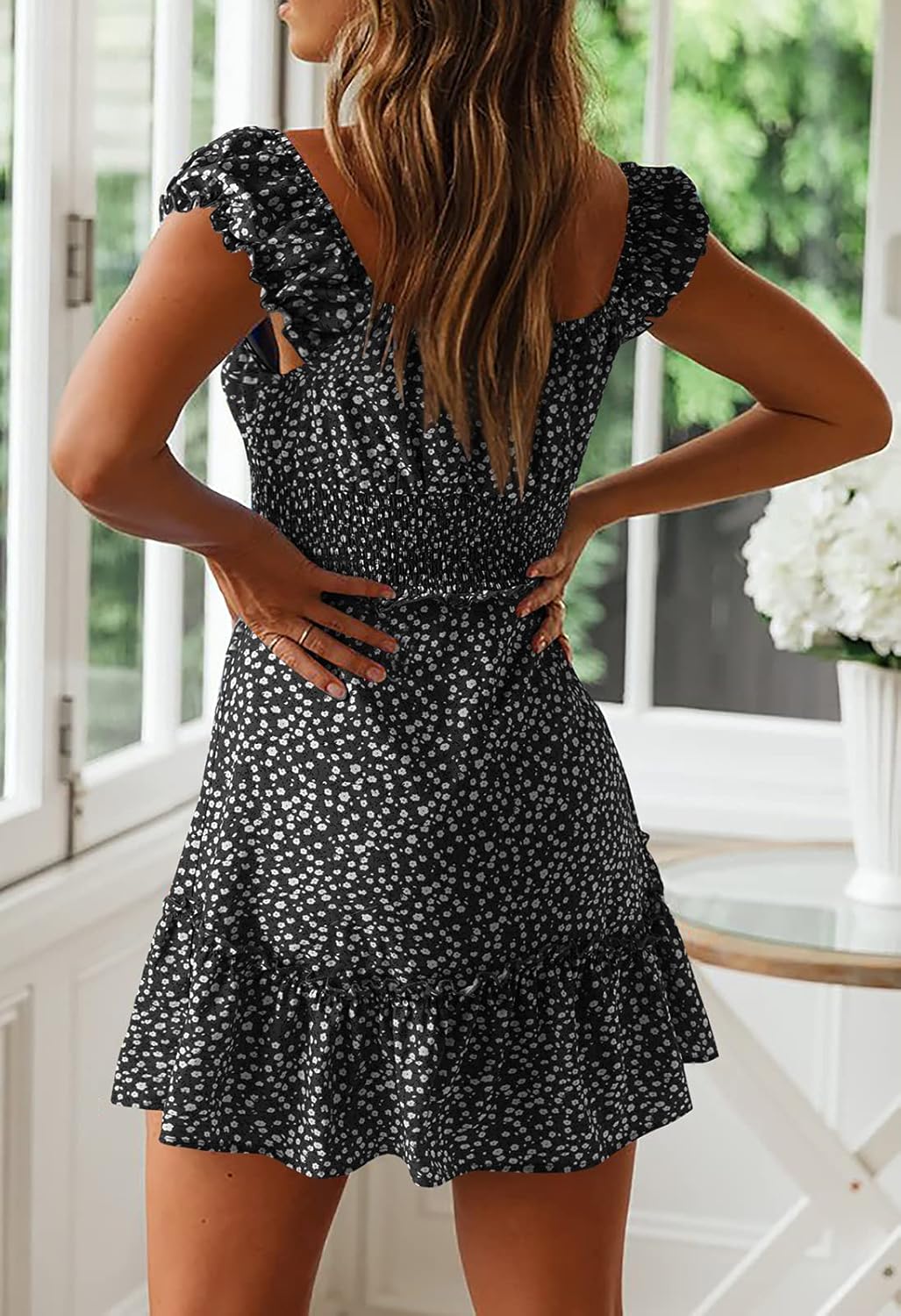 YOBECHO Womens Summer Sexy Sweetheart Collar Printed Ruffle Mini Dress - Image 3