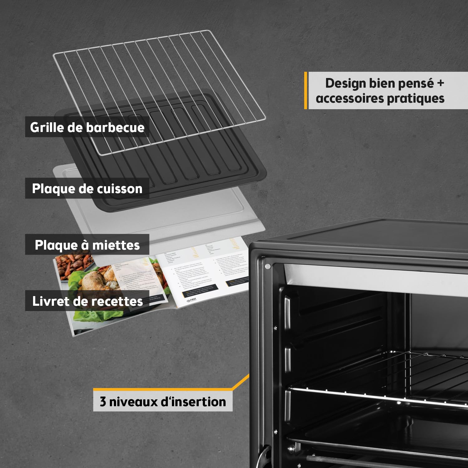 TZS First Austria - Mini-Four 35L 1600W - Four à pizza avec réglage de la température jusqu'à 230°C et revêtement antiadhésif - Avec minuteur de 60 min, 3 hauteurs d'insertion, plaque et grille