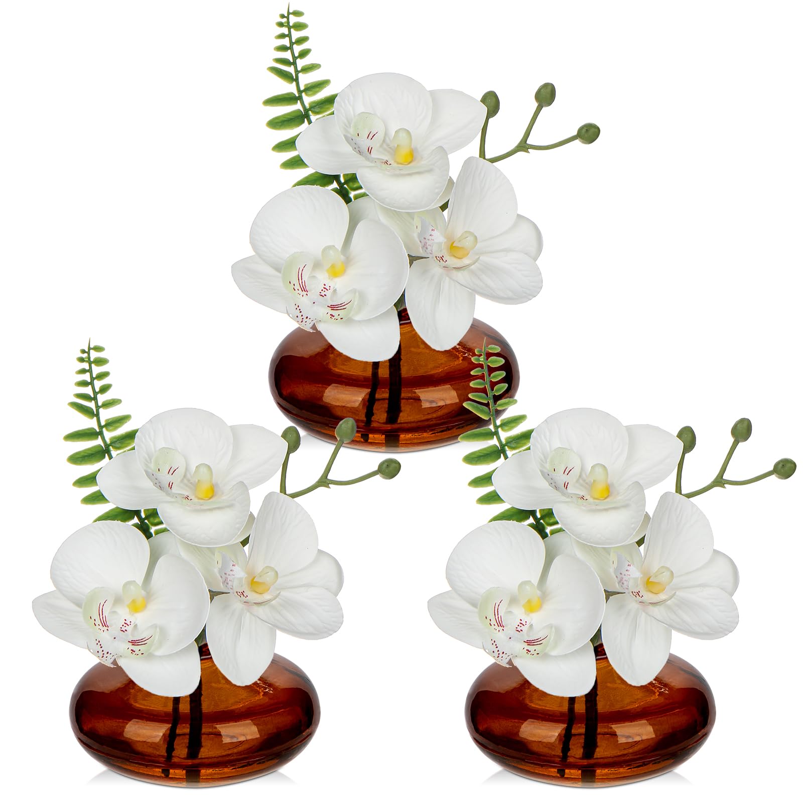 Briful Set of 3 Artificial Orchids in Amber Glass Vase