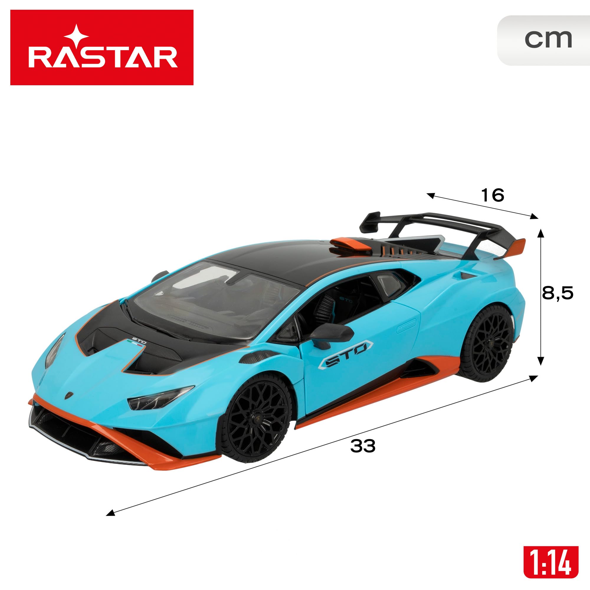 ColorBaby Rastar, Lamborghini Hurricane STO Niebieski samochód zdalnie sterowany ze światłami LED i otwieranymi drzwiami, samochody dla dzieci i dorosłych, zabawka dla dzieci, samochód zdalnie