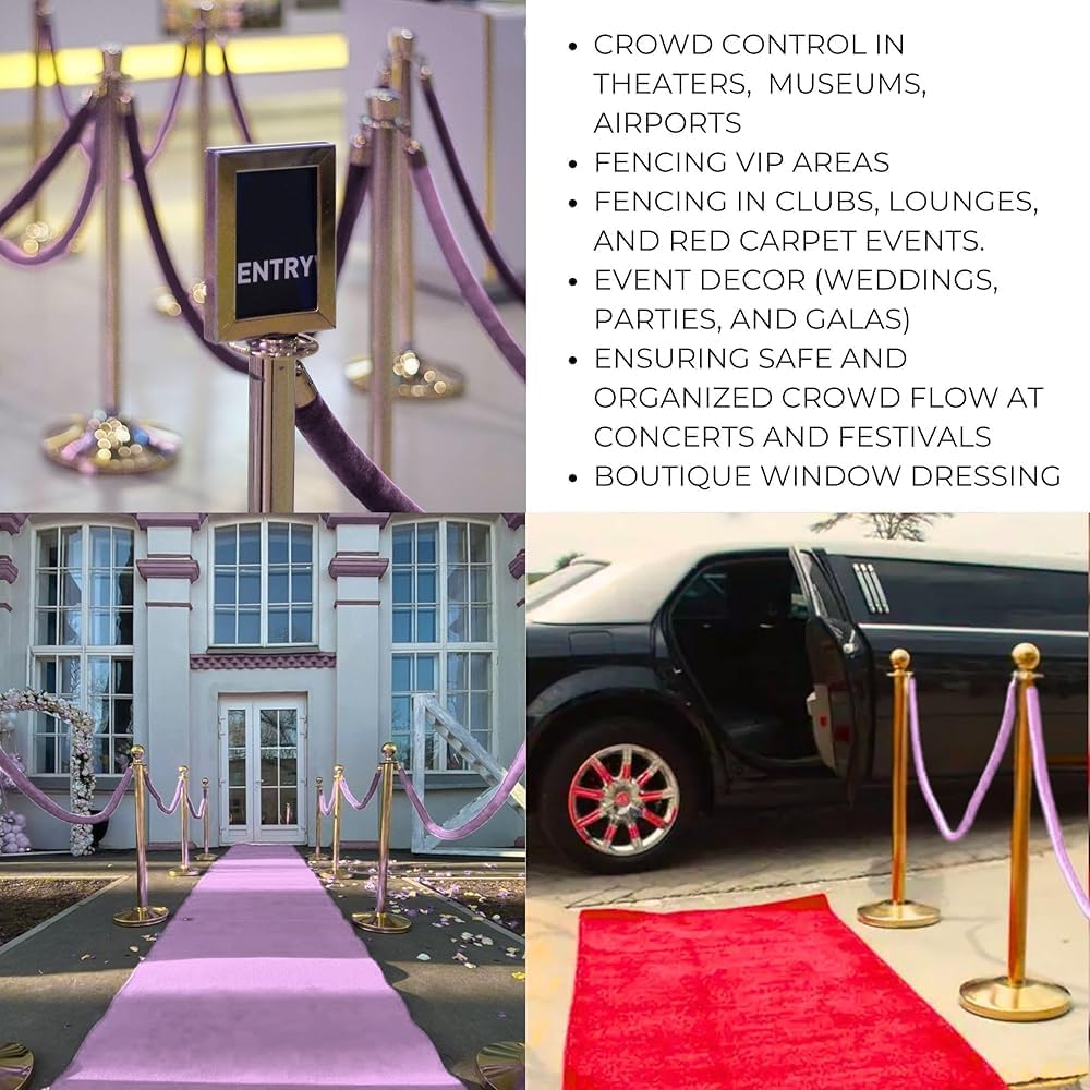 Velvet Stanchion Rope 5ft - Premium Crowd Control Barrier with Gold Plated Hook, Ideal for Events, Theaters, and Grand Openings, Elegant Safety Solution