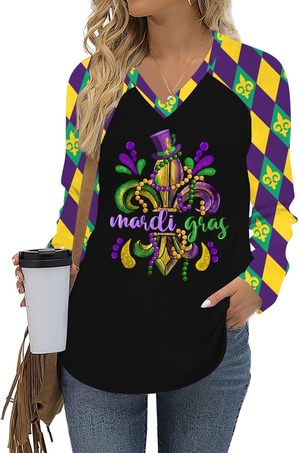 Mardi Gras Long Sleeve Shirts for Women: Funny Mask Graphic Tee Carnival V Neck Tshirt New Orleans Party Tops