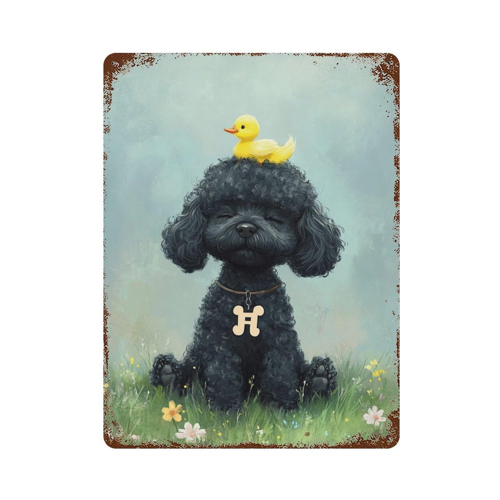 Garage Style Black Poodle with Yellow Duck -3 Vintage Rust Metal Sign 15.7"x11.8", Industrial Home Decor for Bar And Workshop