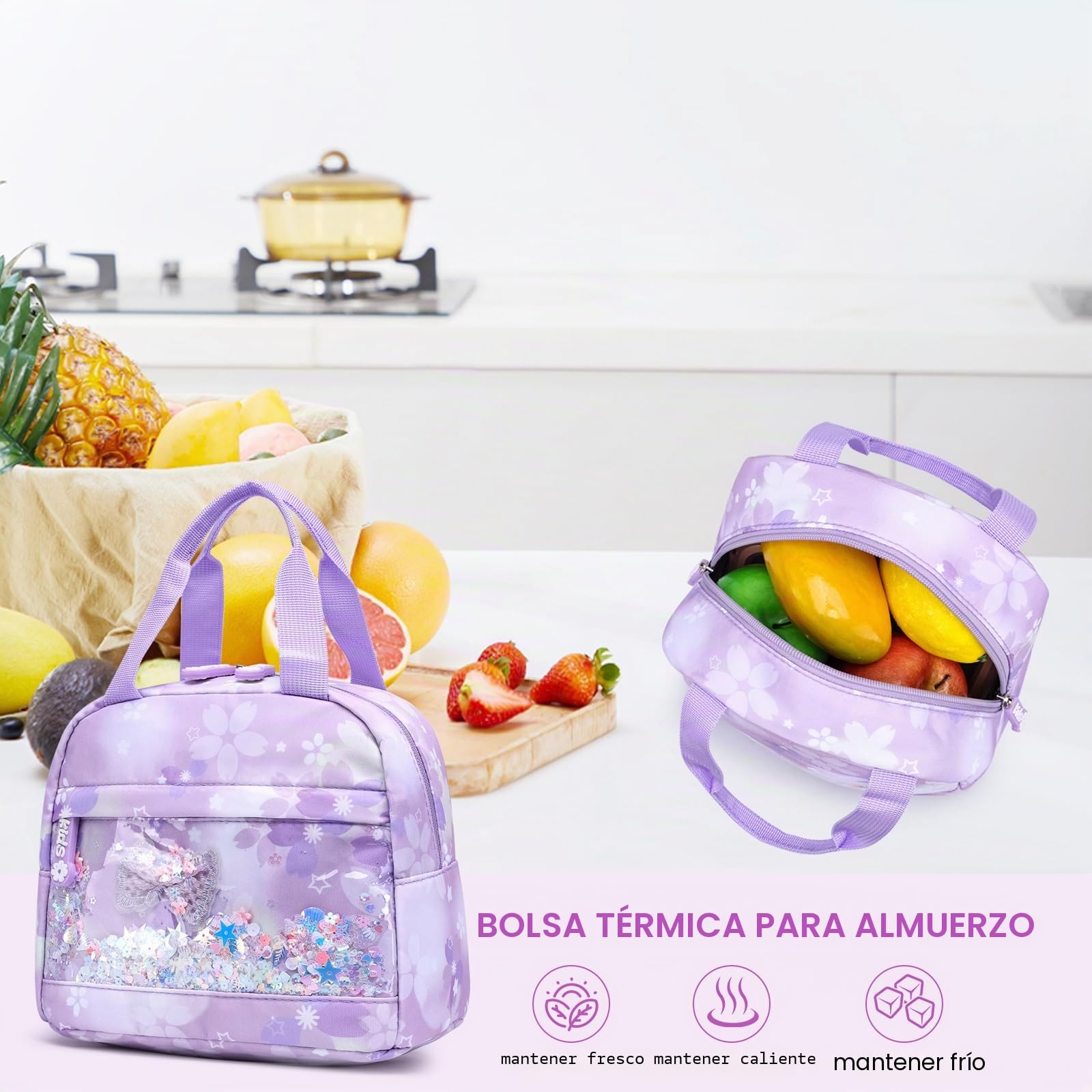 Mochilas escolares para niñas, capacidad Lagre,mochilas para niñas para primaria (Mochila Infantil + Bolsa de Almuerzo Aislada + Estuche Para Lápices, Color Morado)
