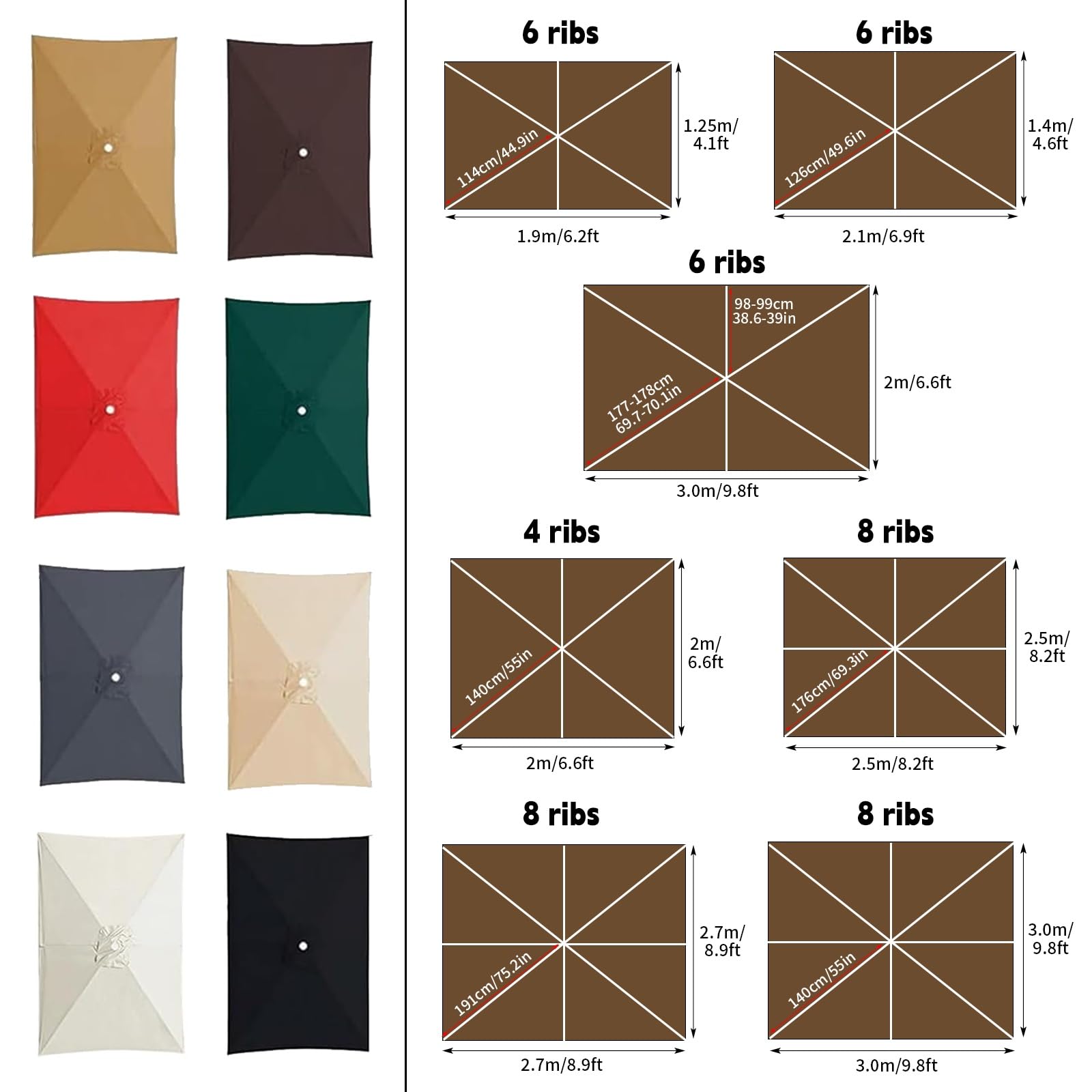 Auvent De Remplacement Pour Parasol De Terrasse 3x3m 2.5x2.5m 2.7x2.7m Rectangle/Carré 4/6/8 Baleines Toile De Parasol Imperméable Pour Extérieur Cour Jardin Plage(Dark green,2*3m/6ribs)