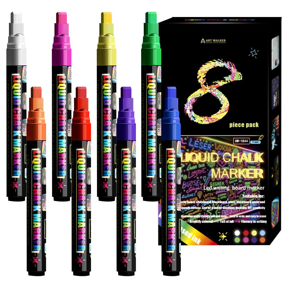 YRPACFB Liquid Chalk Marker, 8 Color Erasable Liquid Chalk Pen, Multi-color Fluorescent Marker, Felt-tip Pen Light Board Student Doodle DIY Pens Windows Glass, 7mm Bullet Nib