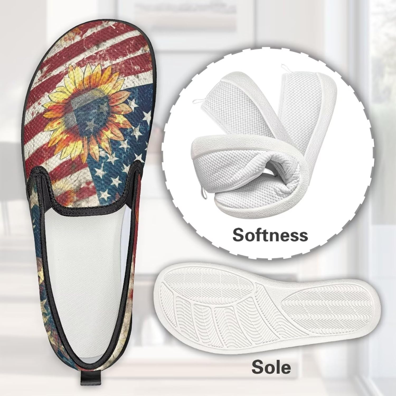 Jeiento American Flag Shoes Women's Slip-On Loafers Mesh Breathable Non Slip Lady Road Running Shoes Workout Sneakers