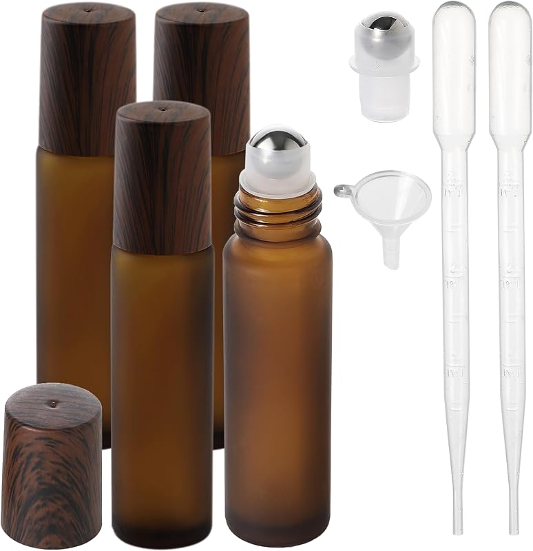 SESENSE Frascos Roll-On para Óleos Essenciais em Vidro Âmbar, 10 mL, com Esferas de Aço Inoxidável, Funil, Abridor e Conta-gotas, Pacote com 4