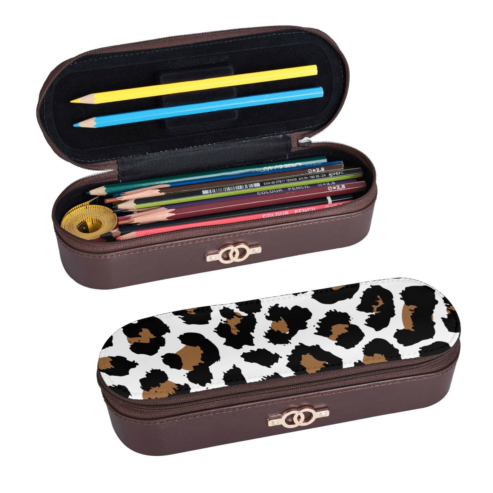 Estuche Para Lápices De Gran Capacidad Para Niñas Y Niños, Bolsa De Maquillaje De Piel Con Estampado De Leopardo Gris Con Compartimento Con Cremallera, Organizador Escolar Y Bolsa De Papelería