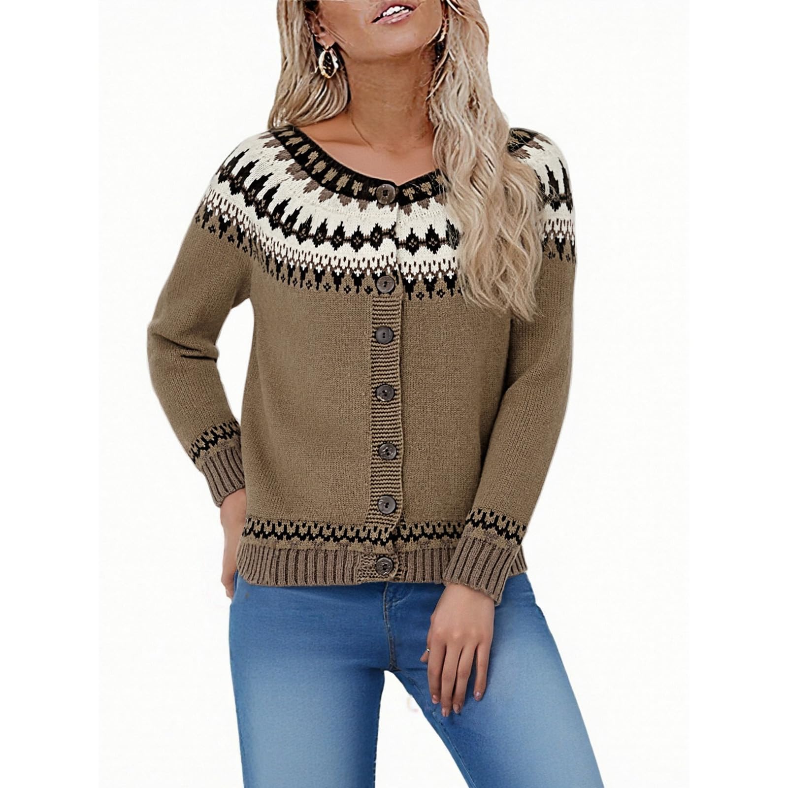 Womens Casual Vintage Fair Isle Sweater Cardigans Long Sleeve Crew Neck Knitted Comfy Warm Fall Button Down Cardigan