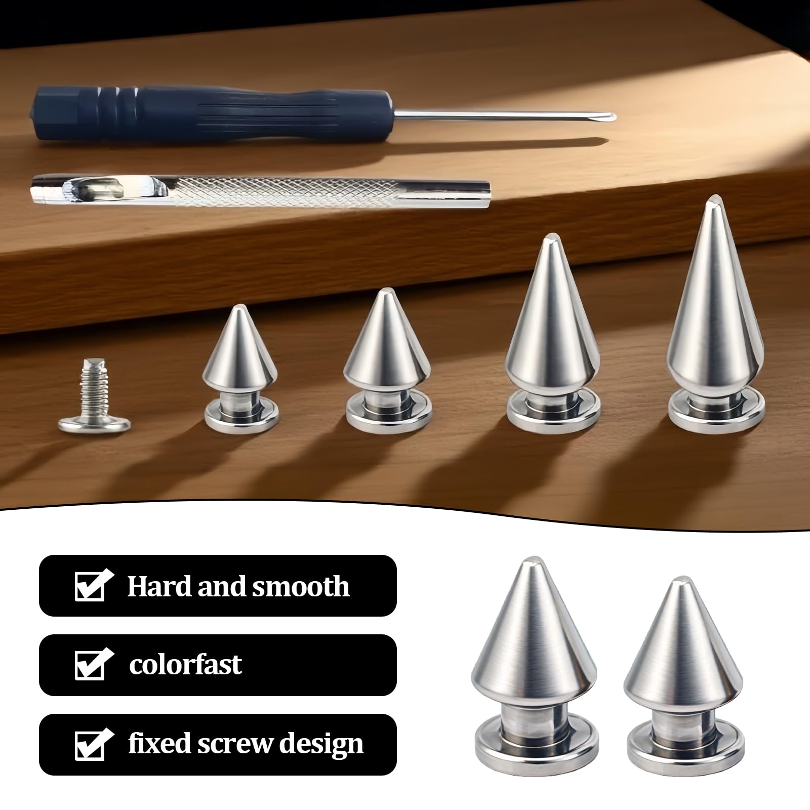 Metallkegelspikes mit Schrauben (162 Sets, 4 Größen), Schraubnieten, mehrere Größen, Baumspikes, Nieten für DIY, Punk-Stil, Leder, Gürtel und Basteldekoration (Silber)