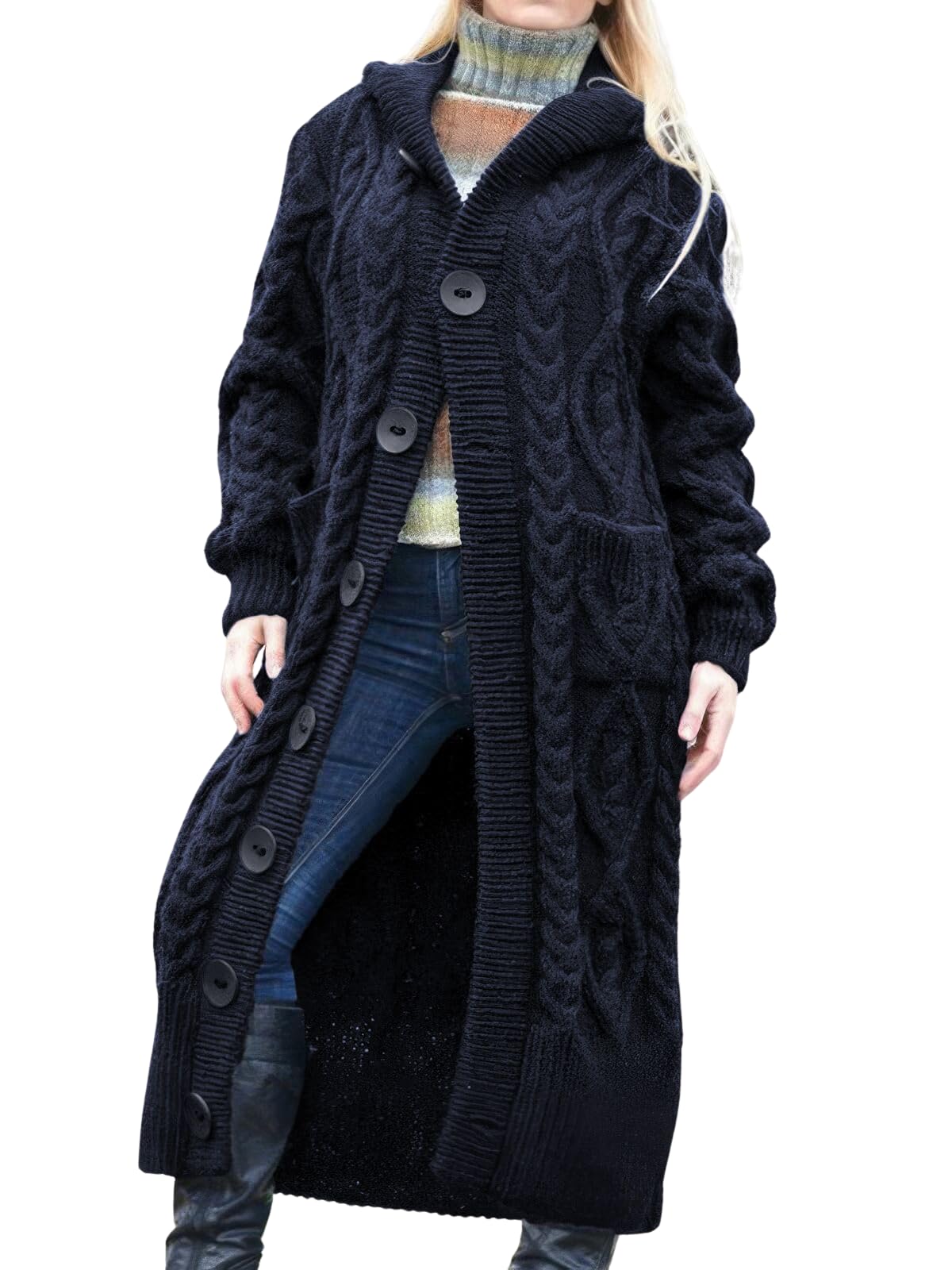 ebossy Womens Long Hooded Cardigan Button Up Casual Loose Twisted Ribbed Knit Sweater Winter Warm Trench Coat with