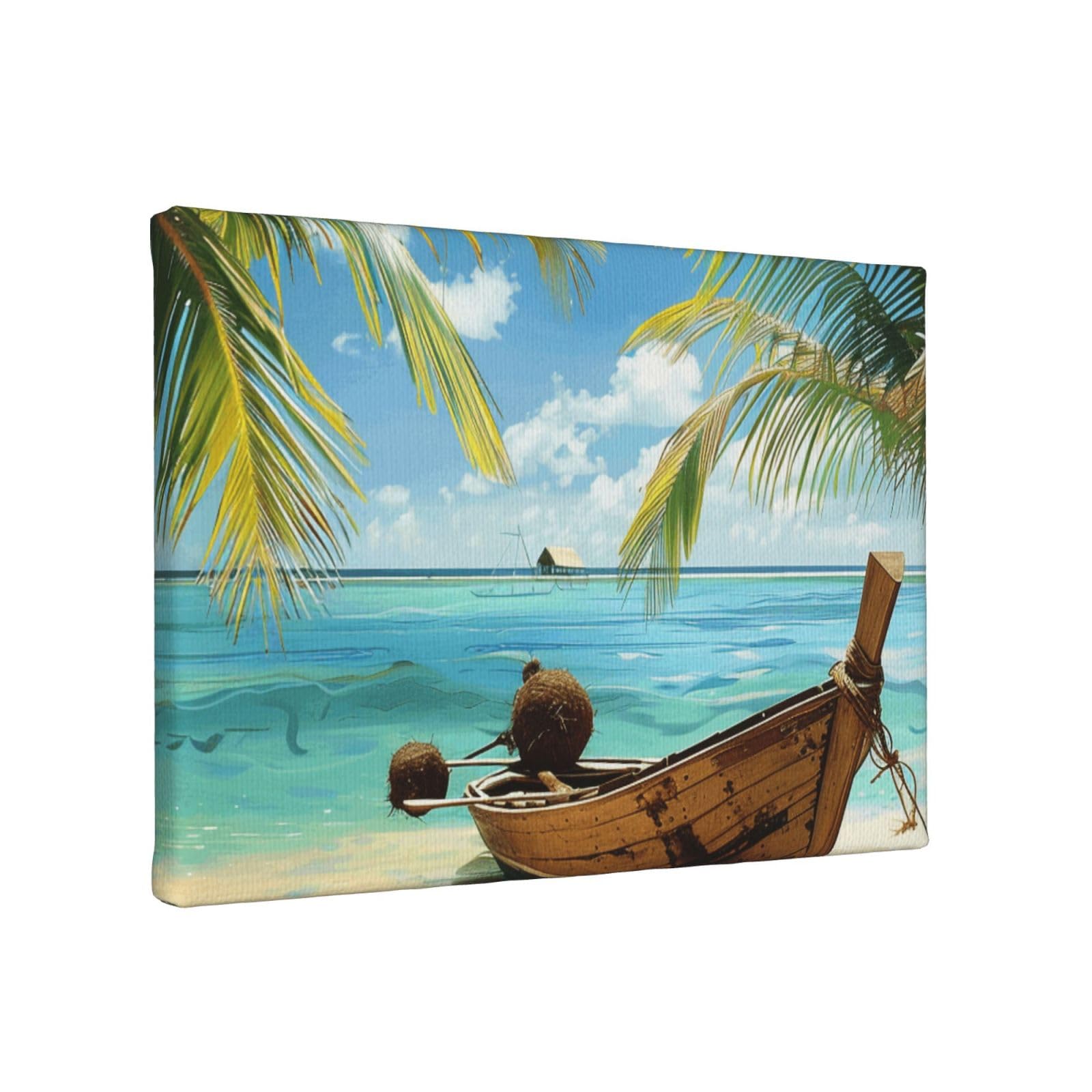 YKLJG Seaside Boat Coconut Leaves Printed Wall Art Canvas Painting 30x20 CM Wooden Framed Picture Painting Artwork Prints for Bedroom Kitchen Home Office Decor