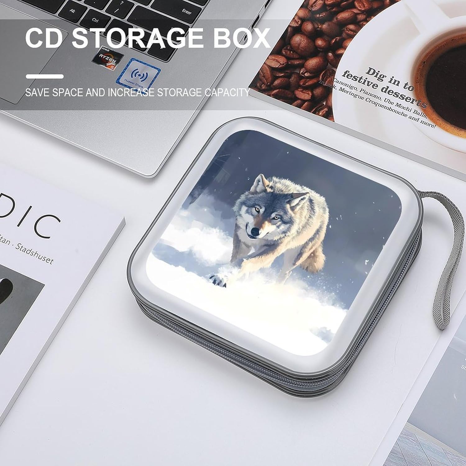 Gray Wolf Walking Through Snowy CD Case DVD Storage Holder Binder 40 Capacity