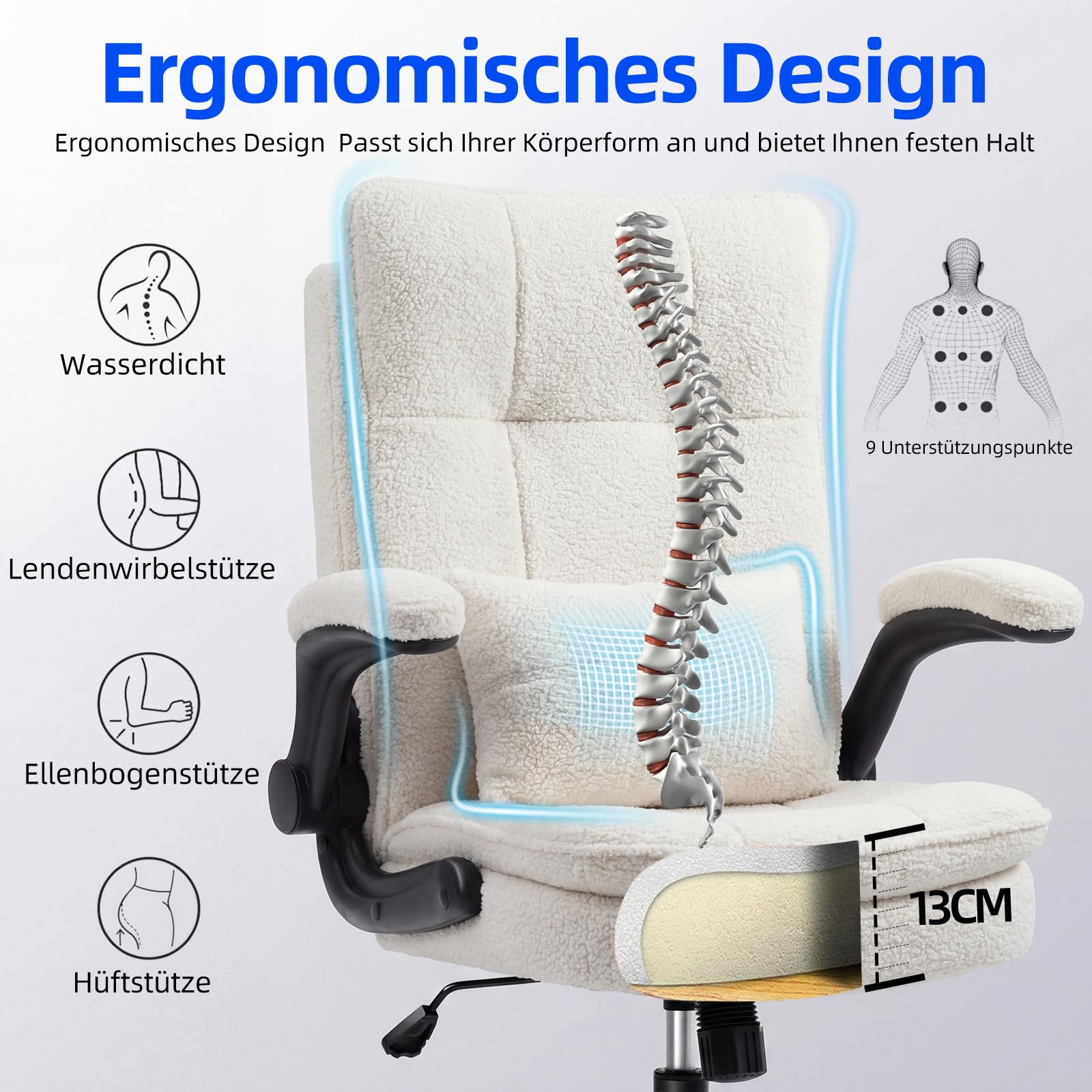 Bürostuhl Ergonomisch Schreibtischstuhl mit Hochklappbare Armlehne | Lordosenstütze, Bürostuhl 150kg, Hochklappbaren Armlehnen, Höhenverstellbarer, 90°-125° Wippfunktion, 360°, Teddy-Stoff