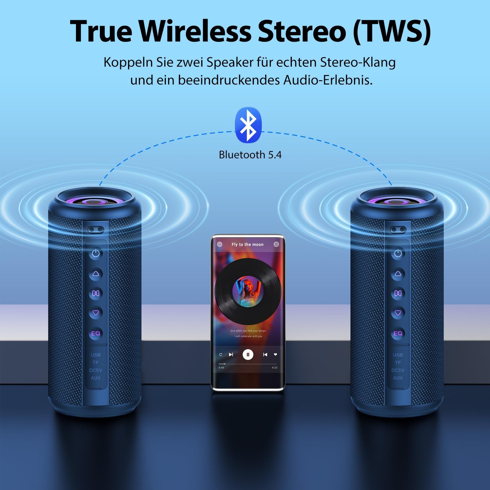 Bluetooth Lautsprecher, 2026 Musikbox Bluetooth 5.4 mit RGB Lichter, Tragbarer Lautsprecher Freisprechfunktion für Phone, 20h Akku, IP7 wasserdicht Fantastischer Sound Geeignet Outdoor/Garten/Sport