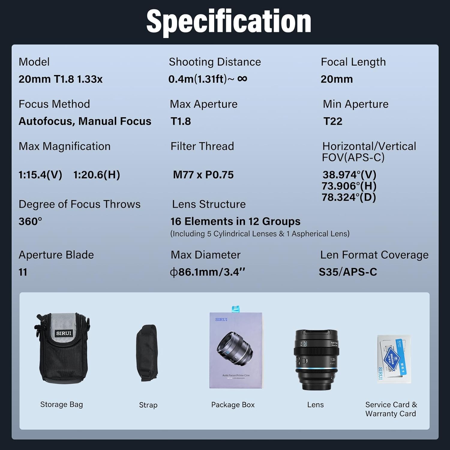 Detailed specifications table for the SIRUI 20mm T1.8 1.33X Anamorphic Lens