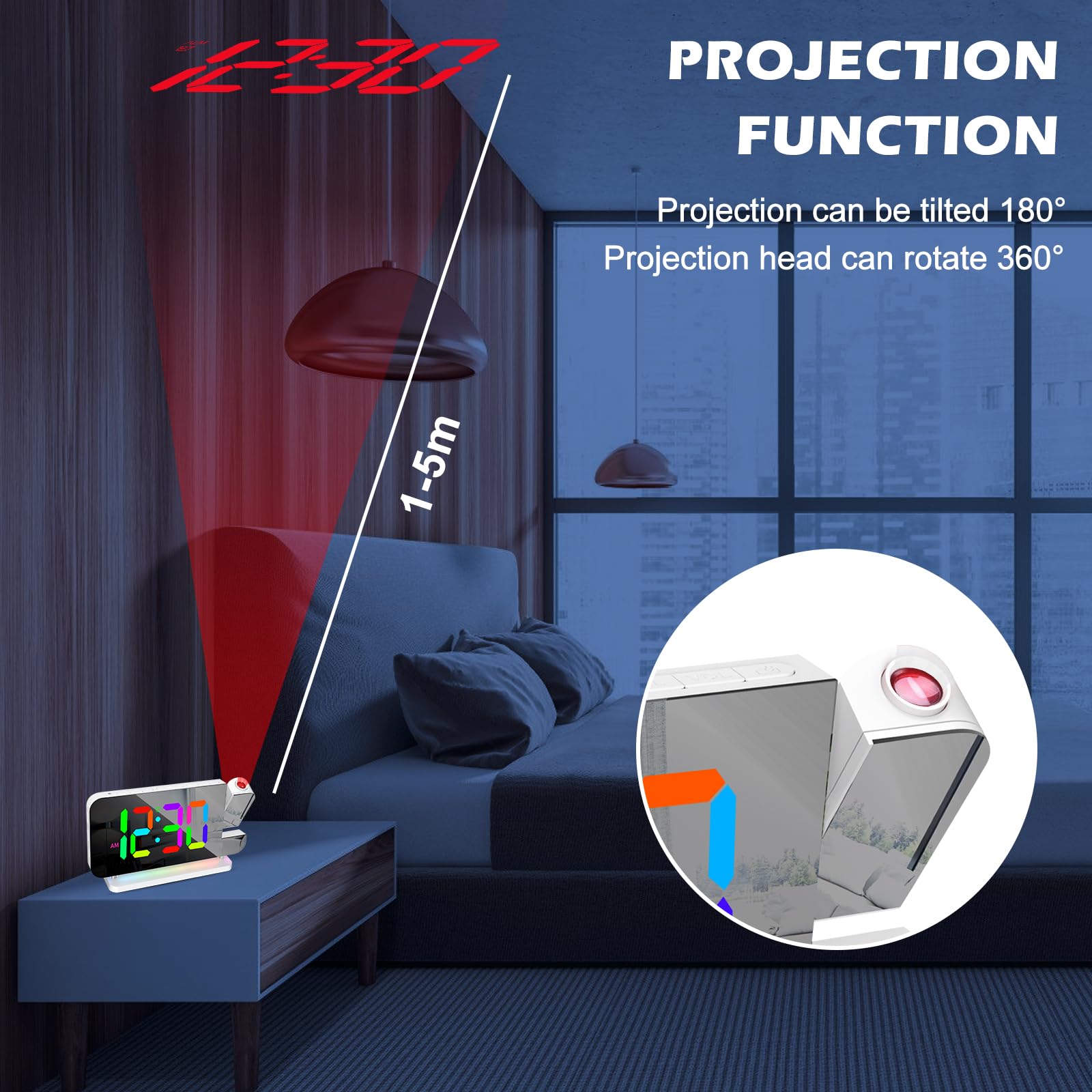 PORFOYO Sveglia con proiezione, sveglia con orologio LED RGB a specchio, 10 colori, luce notturna e proiettore girevole a 180°, sveglia digitale con USB-C, per camera da letto, bambini, ufficio