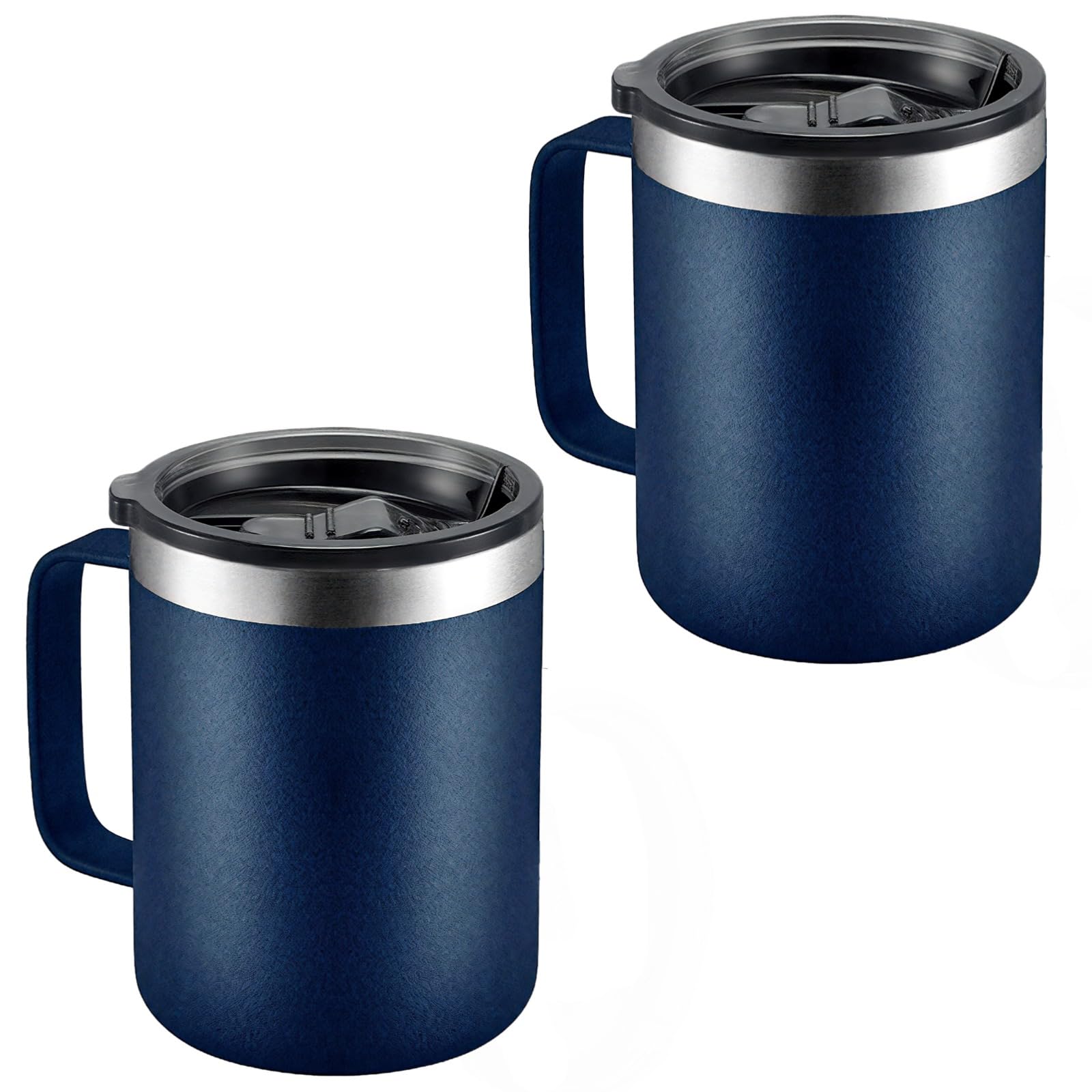 Edelstahl-Kaffeetasse mit Griff, 340 ml, vakuumisoliert, auslaufsicherer Deckel für Büro, Reisen und Camping, tiefblaues, mattes Finish, Thermobecher für heiße und kalte Getränke, 2 Stück